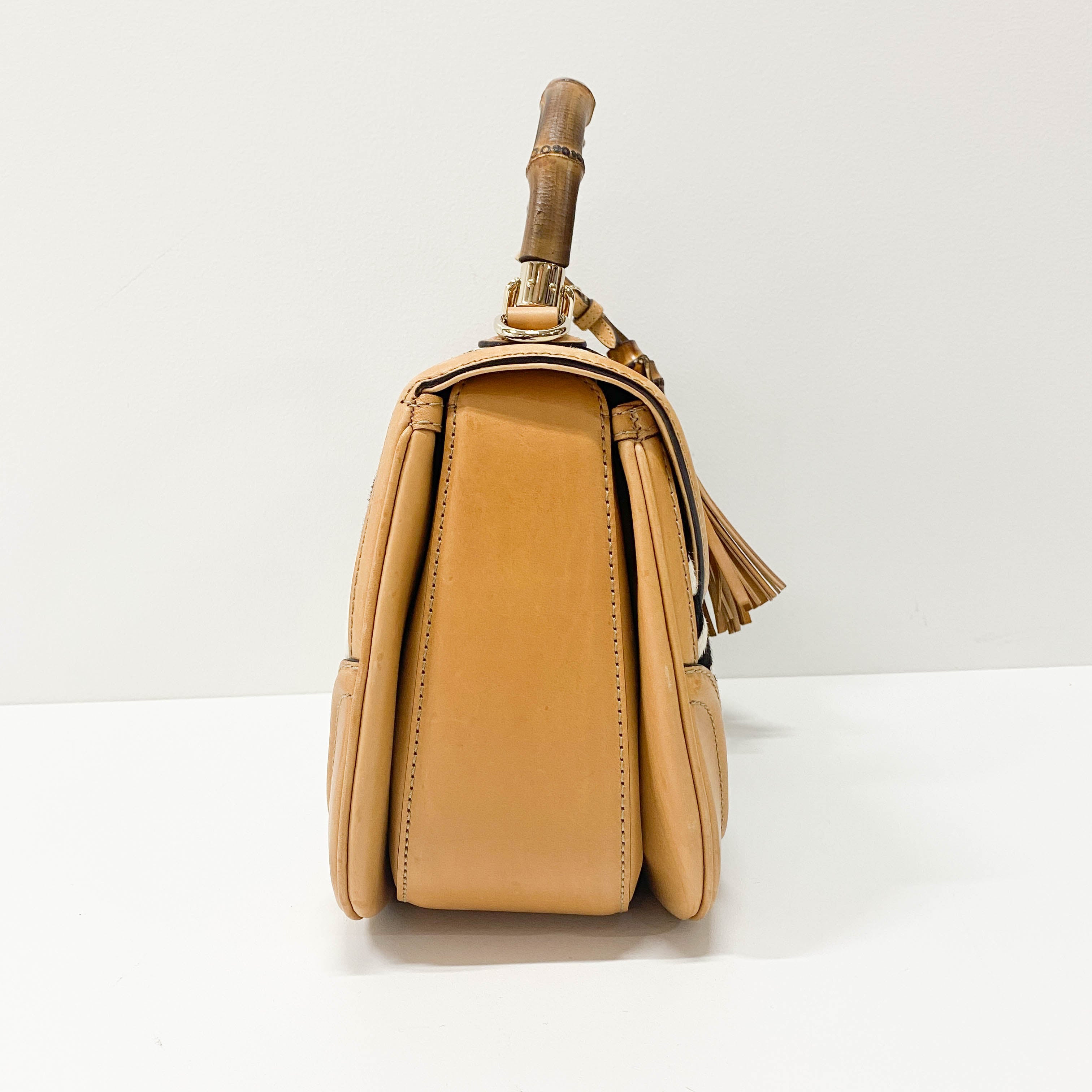 Brown Leather Zebra Print Bamboo Top Handle Bag