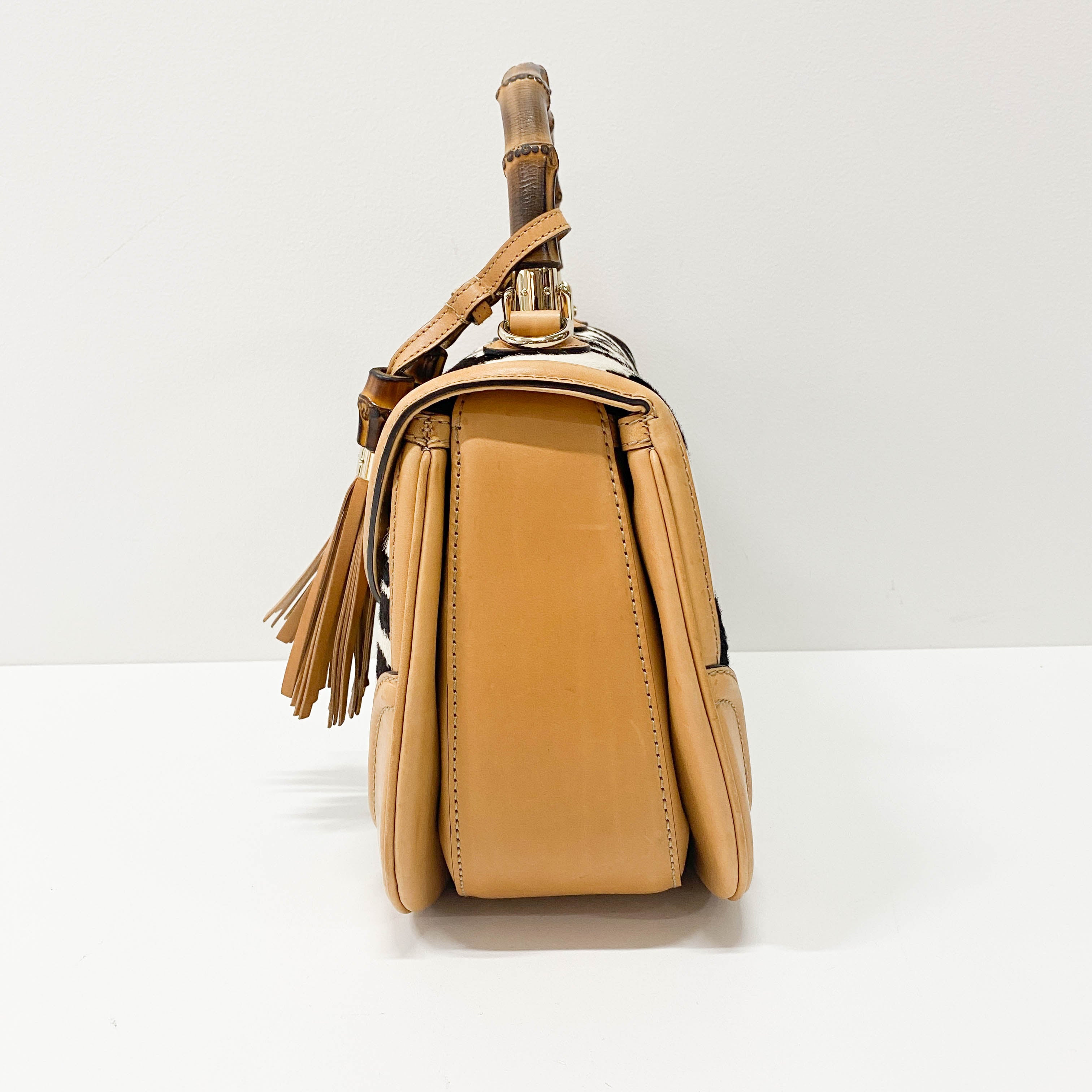 Brown Leather Zebra Print Bamboo Top Handle Bag