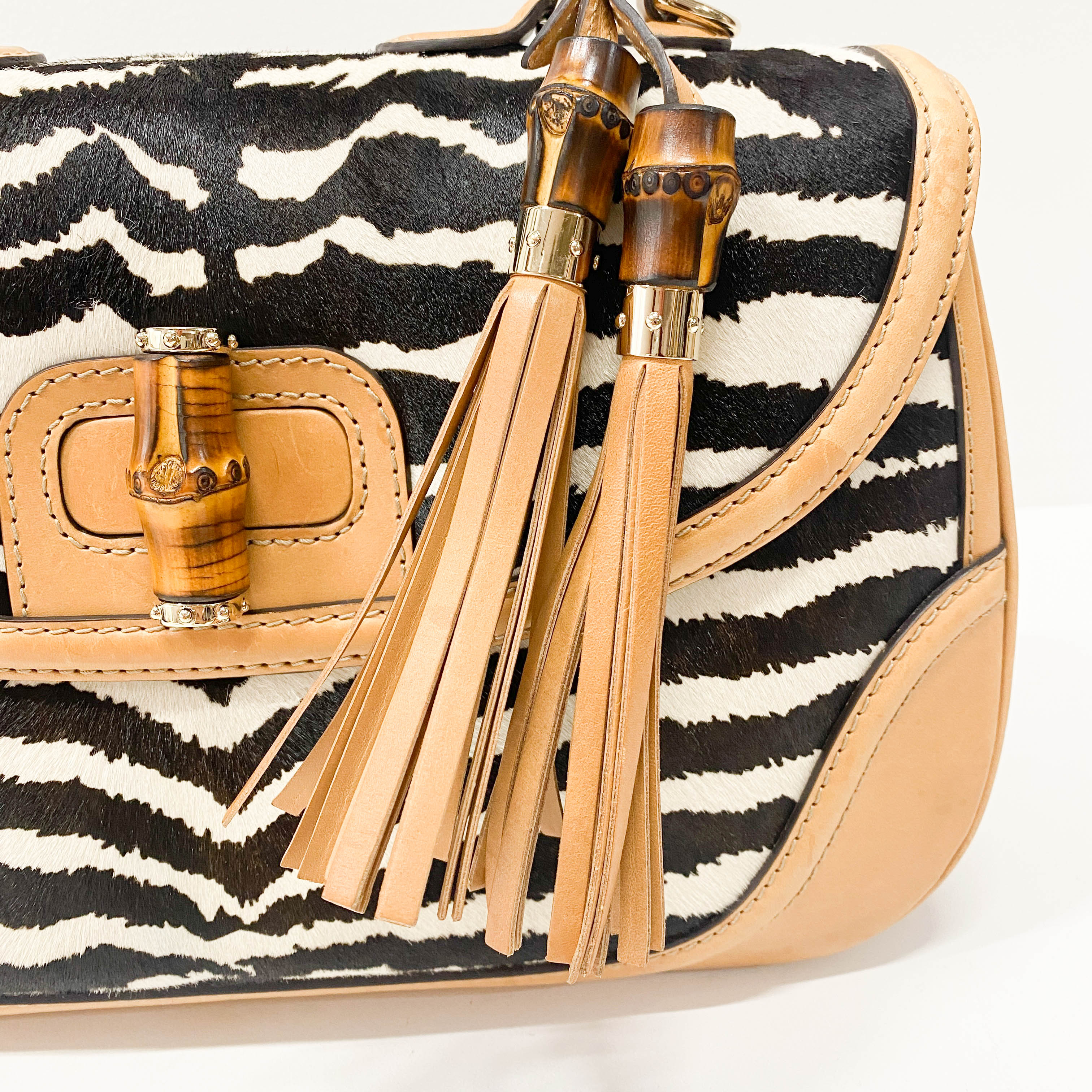 Brown Leather Zebra Print Bamboo Top Handle Bag