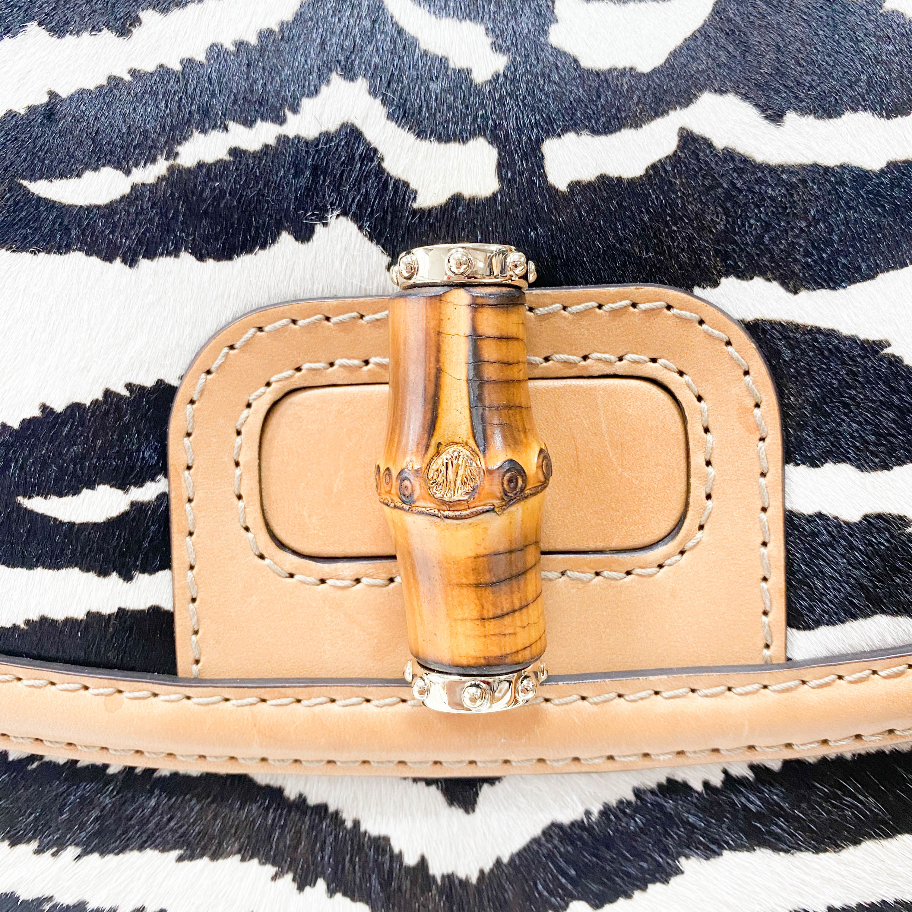 Brown Leather Zebra Print Bamboo Top Handle Bag
