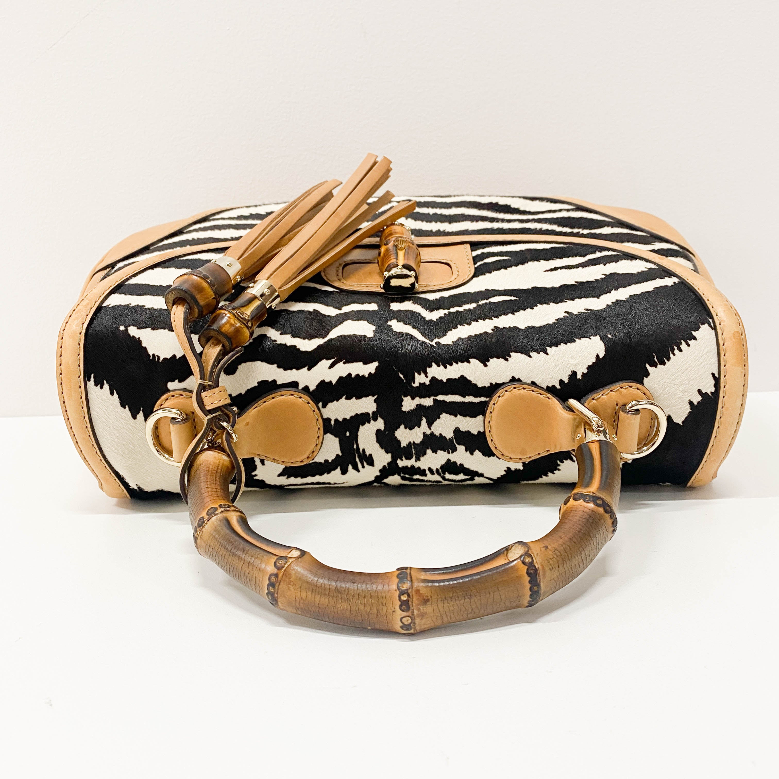 Brown Leather Zebra Print Bamboo Top Handle Bag