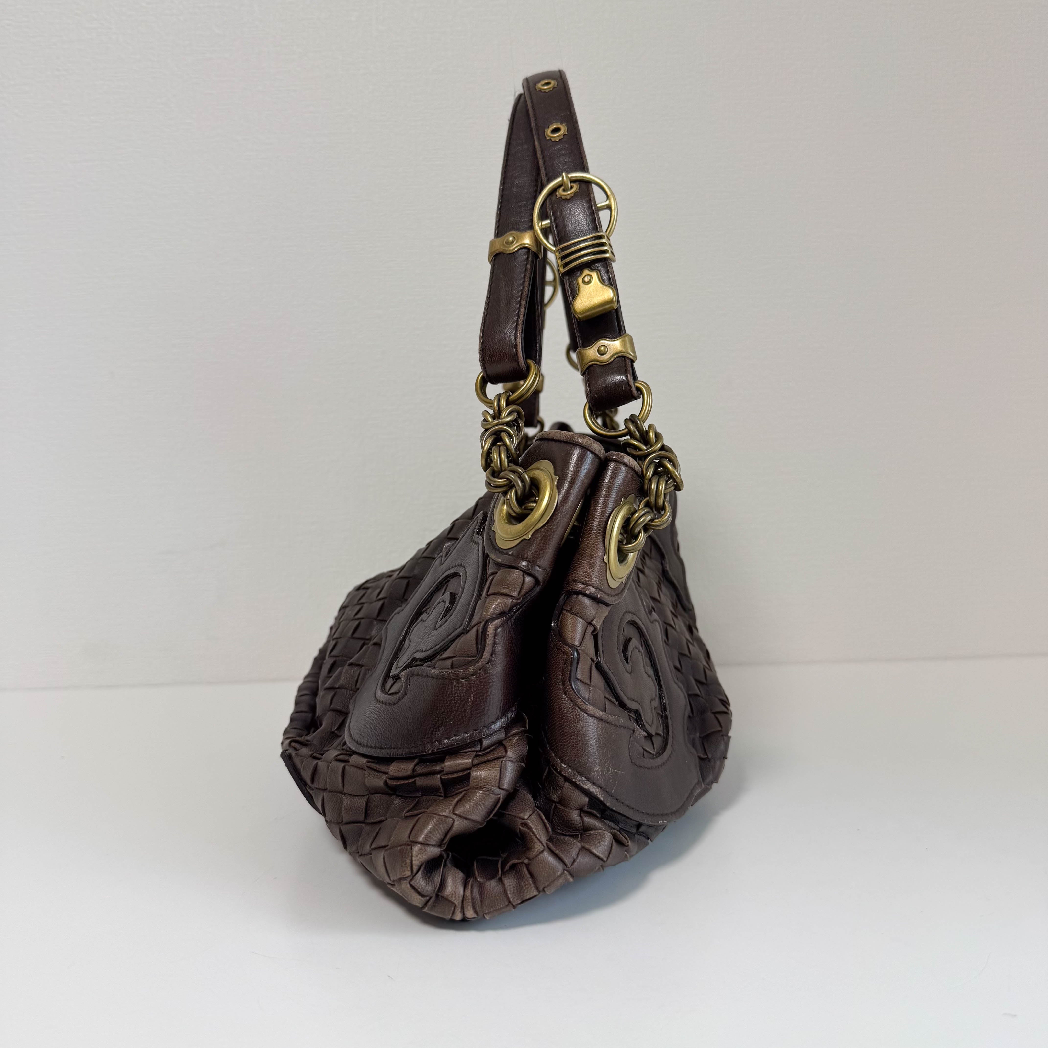 Brown Intrecciato Leather Shoulder Bag