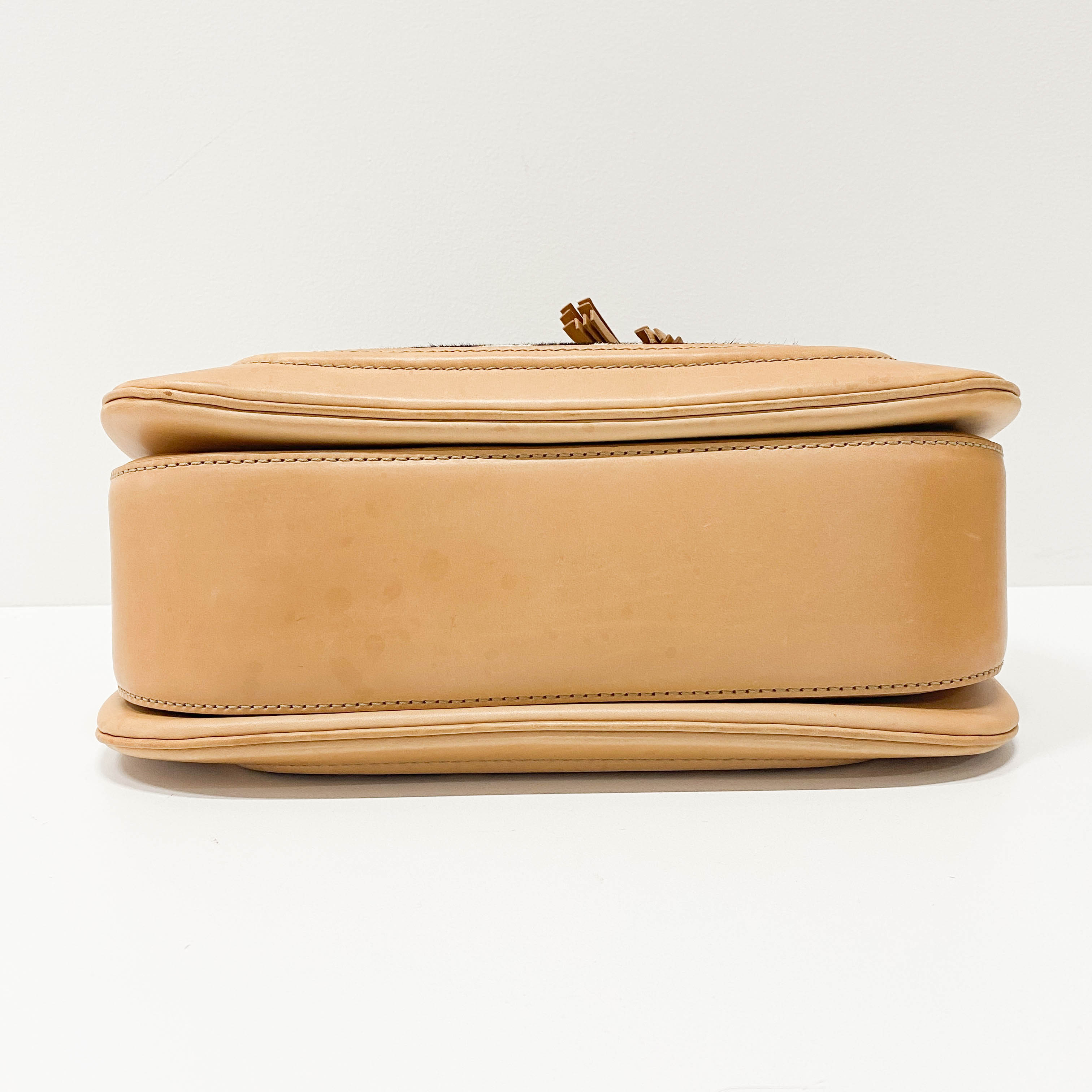 Brown Leather Zebra Print Bamboo Top Handle Bag