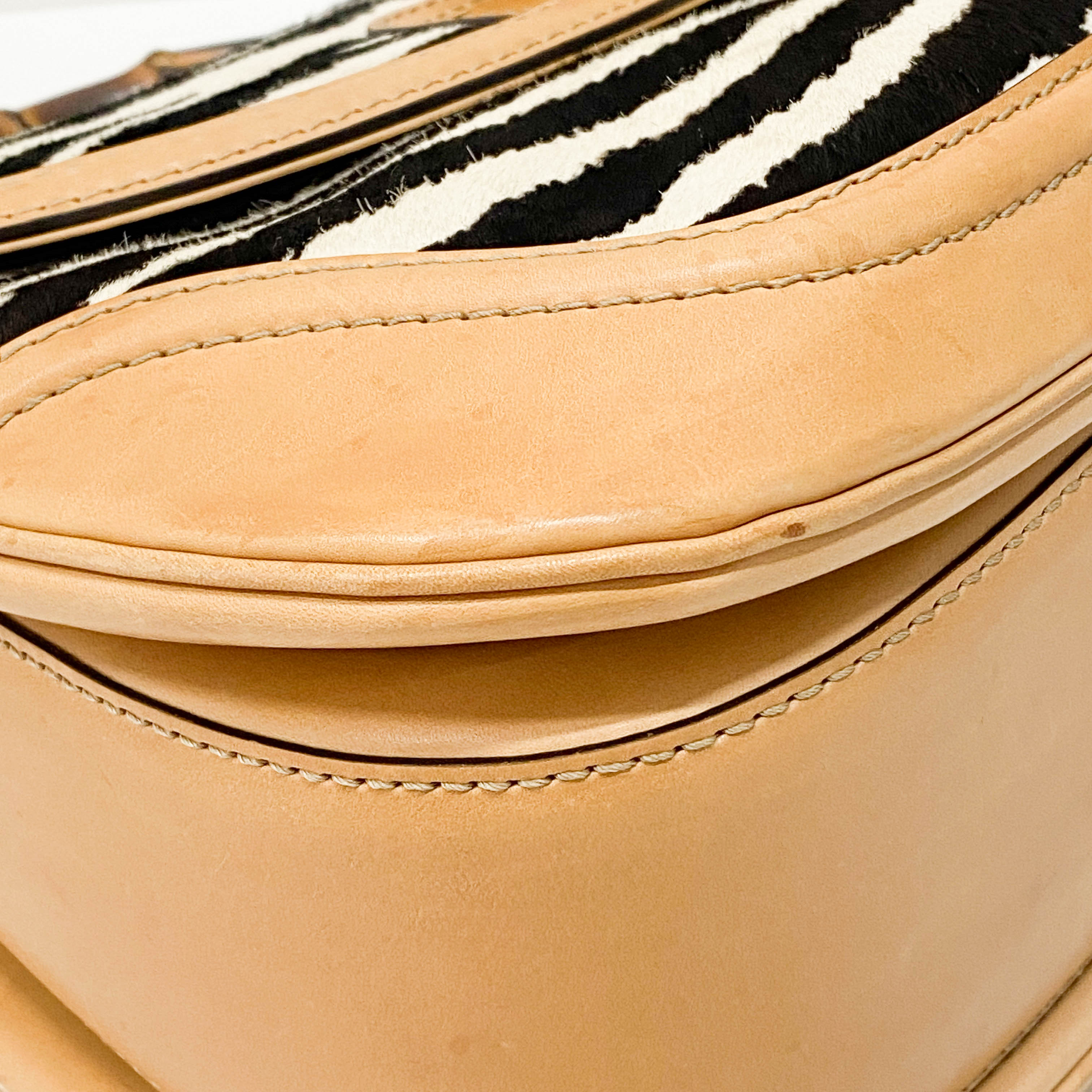 Brown Leather Zebra Print Bamboo Top Handle Bag