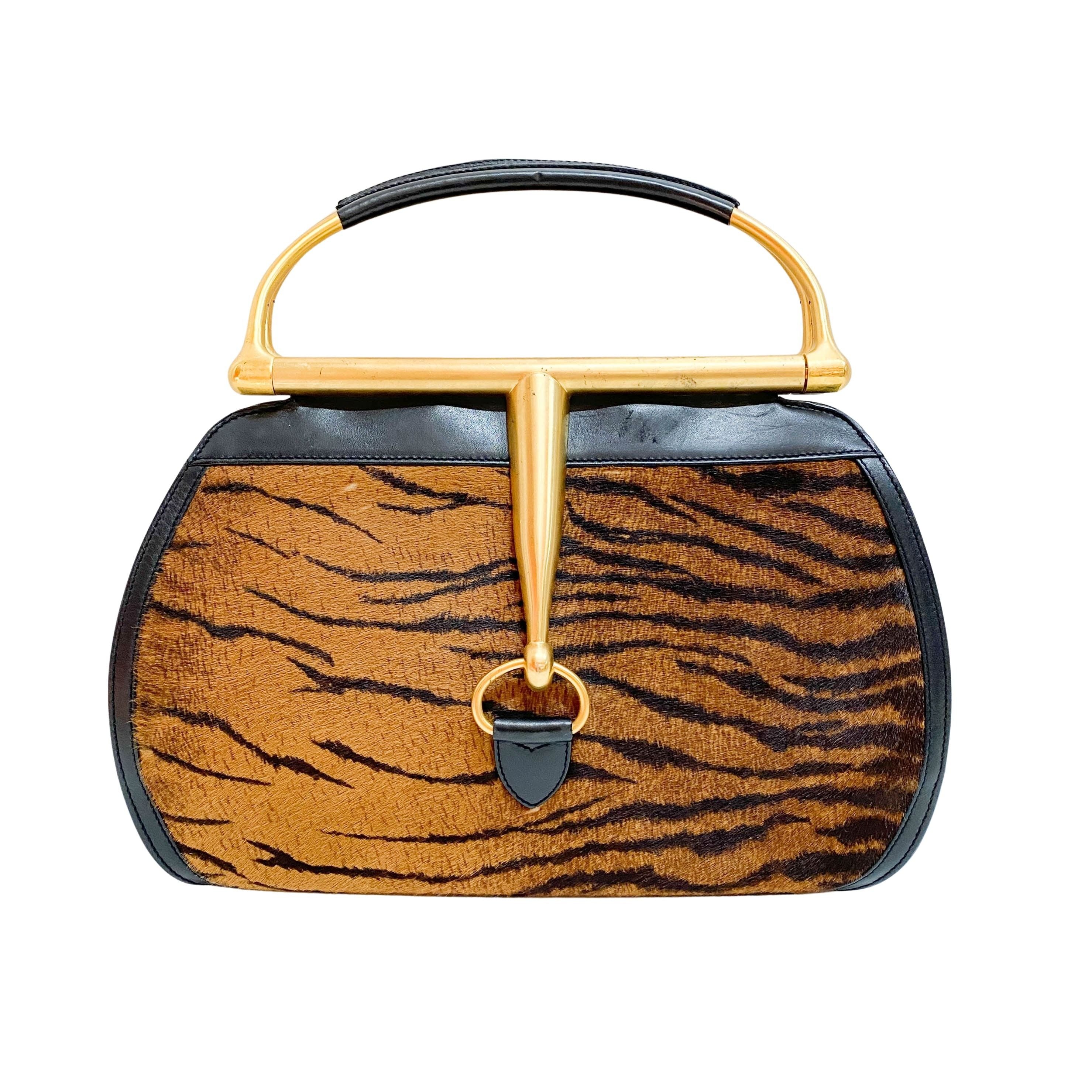 Horsebit Tiger Print Brown Pony Hair Hand Bag