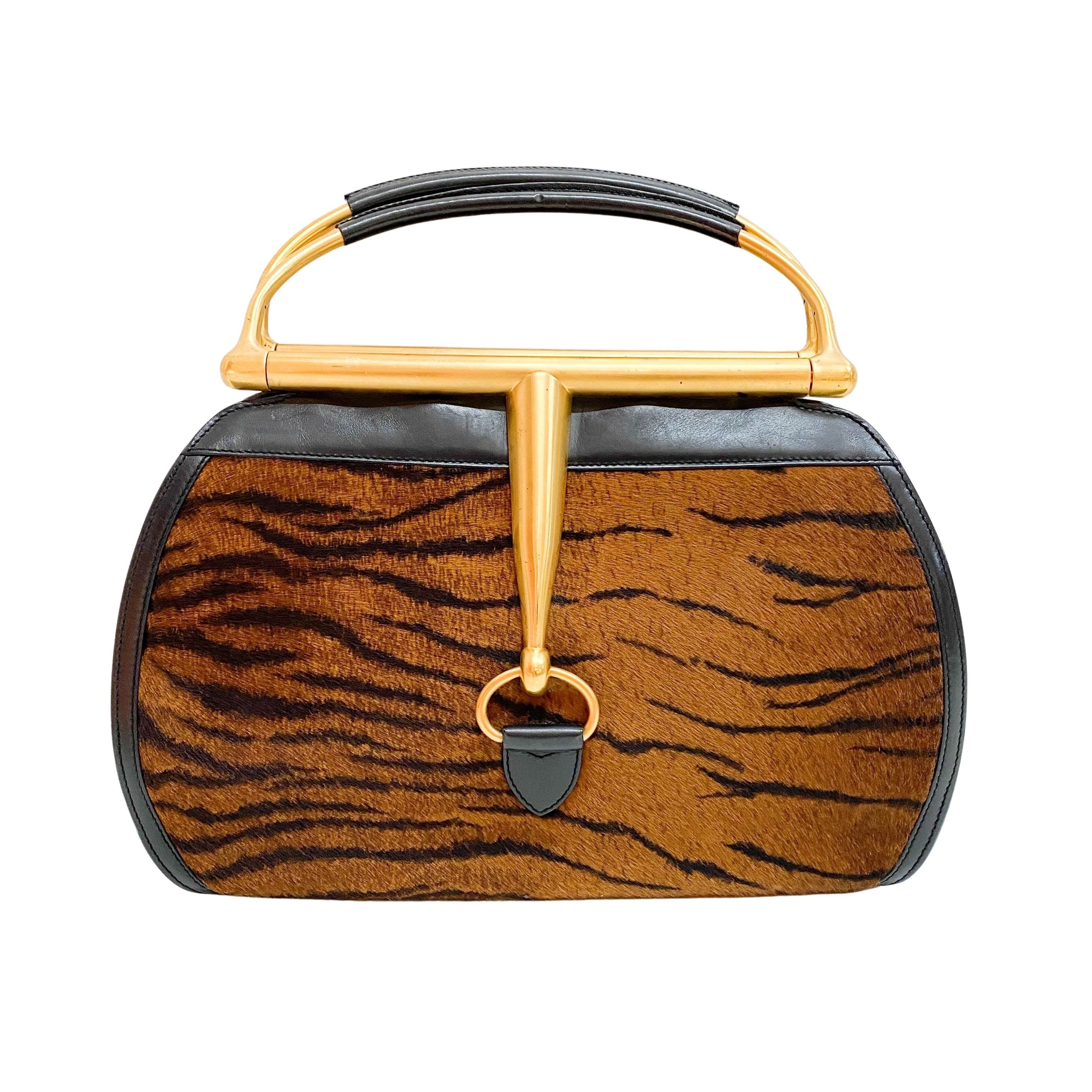 Horsebit Tiger Print Brown Pony Hair Hand Bag
