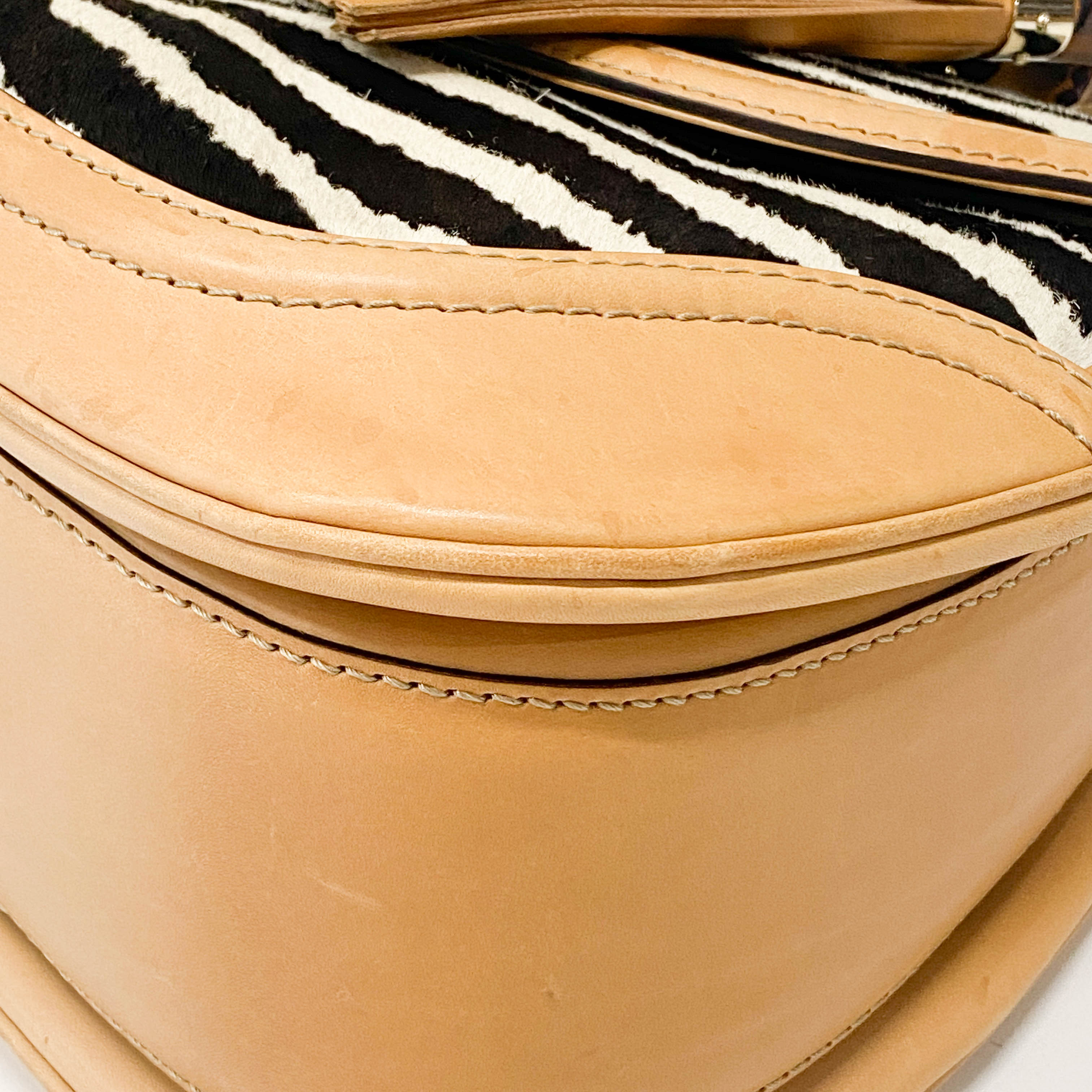 Brown Leather Zebra Print Bamboo Top Handle Bag