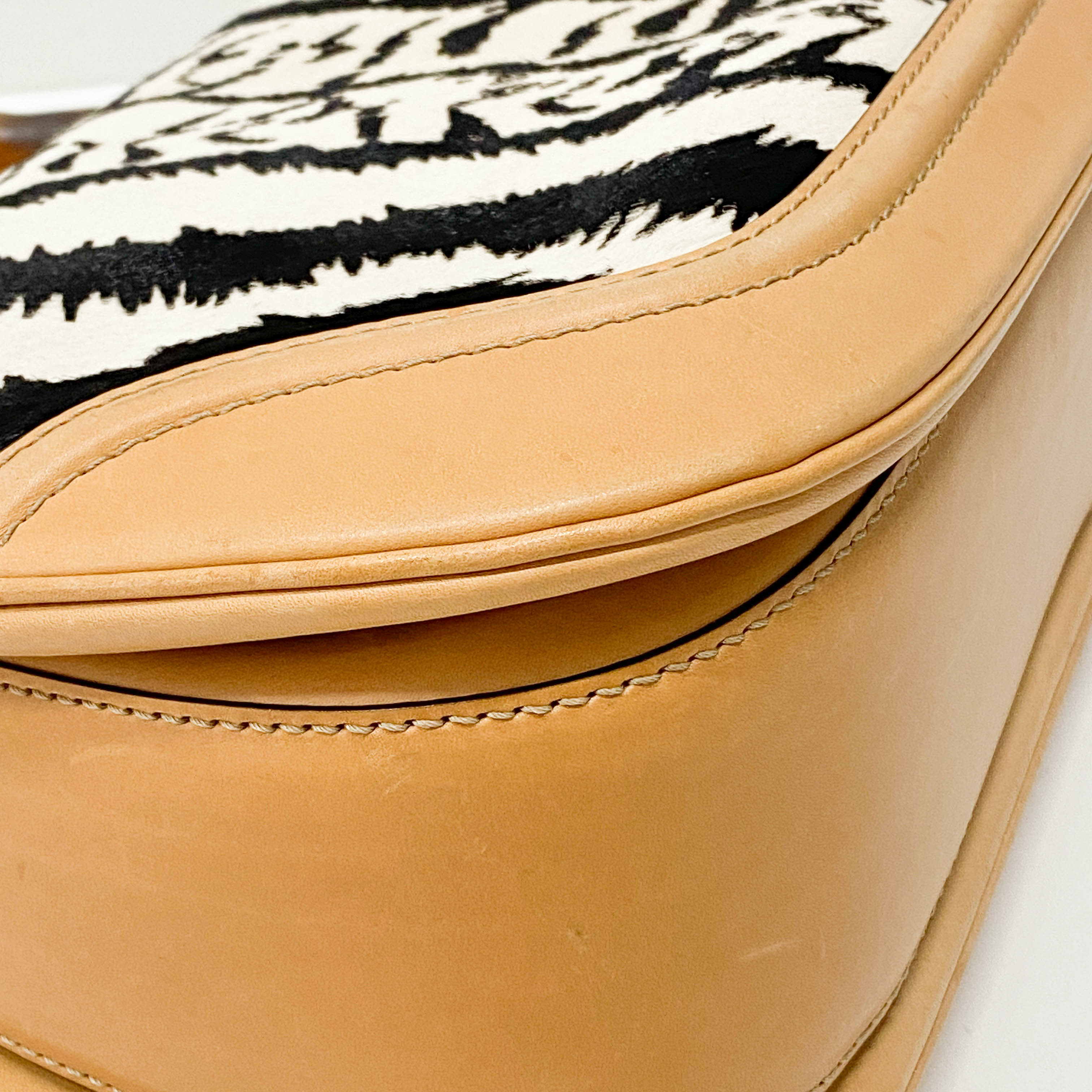 Brown Leather Zebra Print Bamboo Top Handle Bag