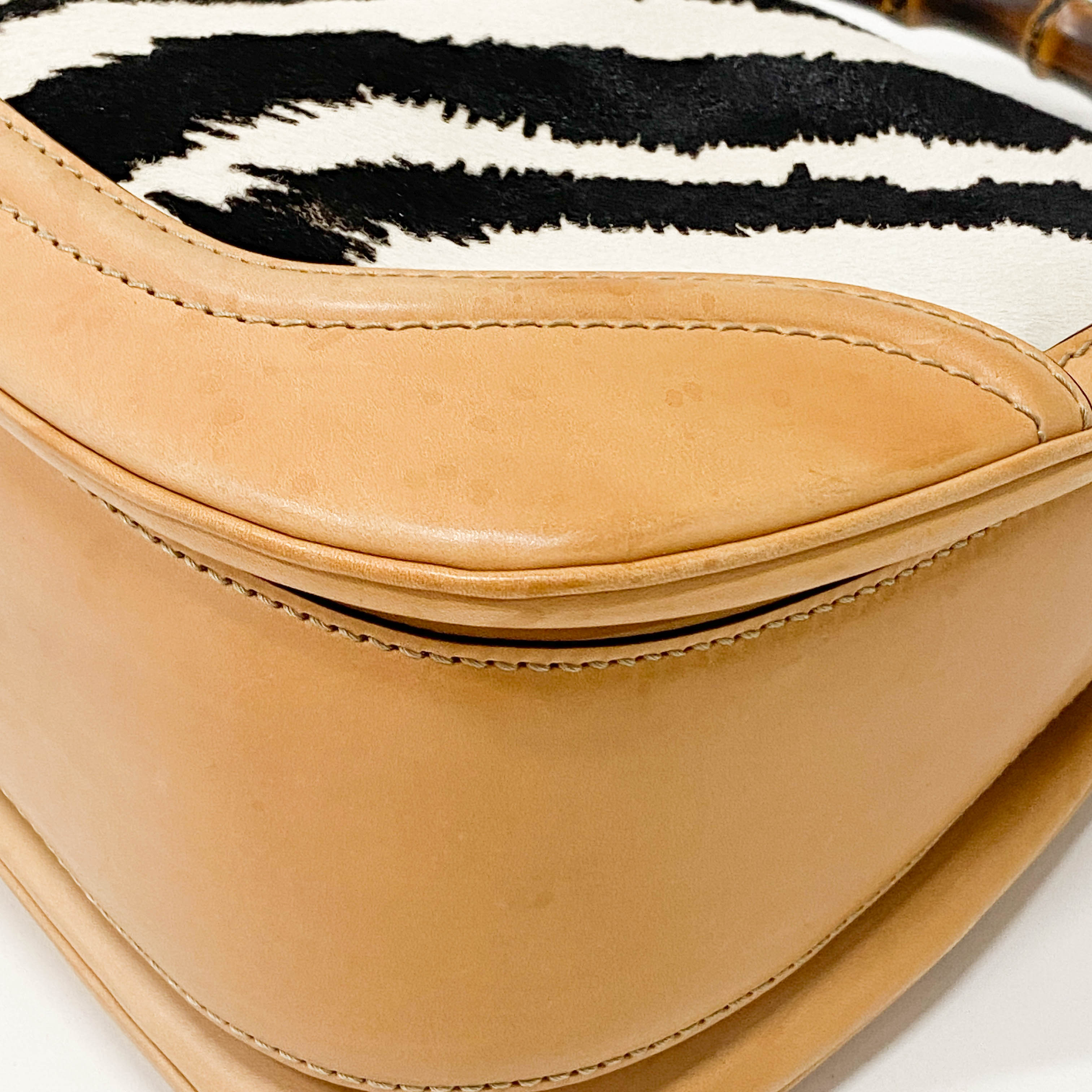 Brown Leather Zebra Print Bamboo Top Handle Bag