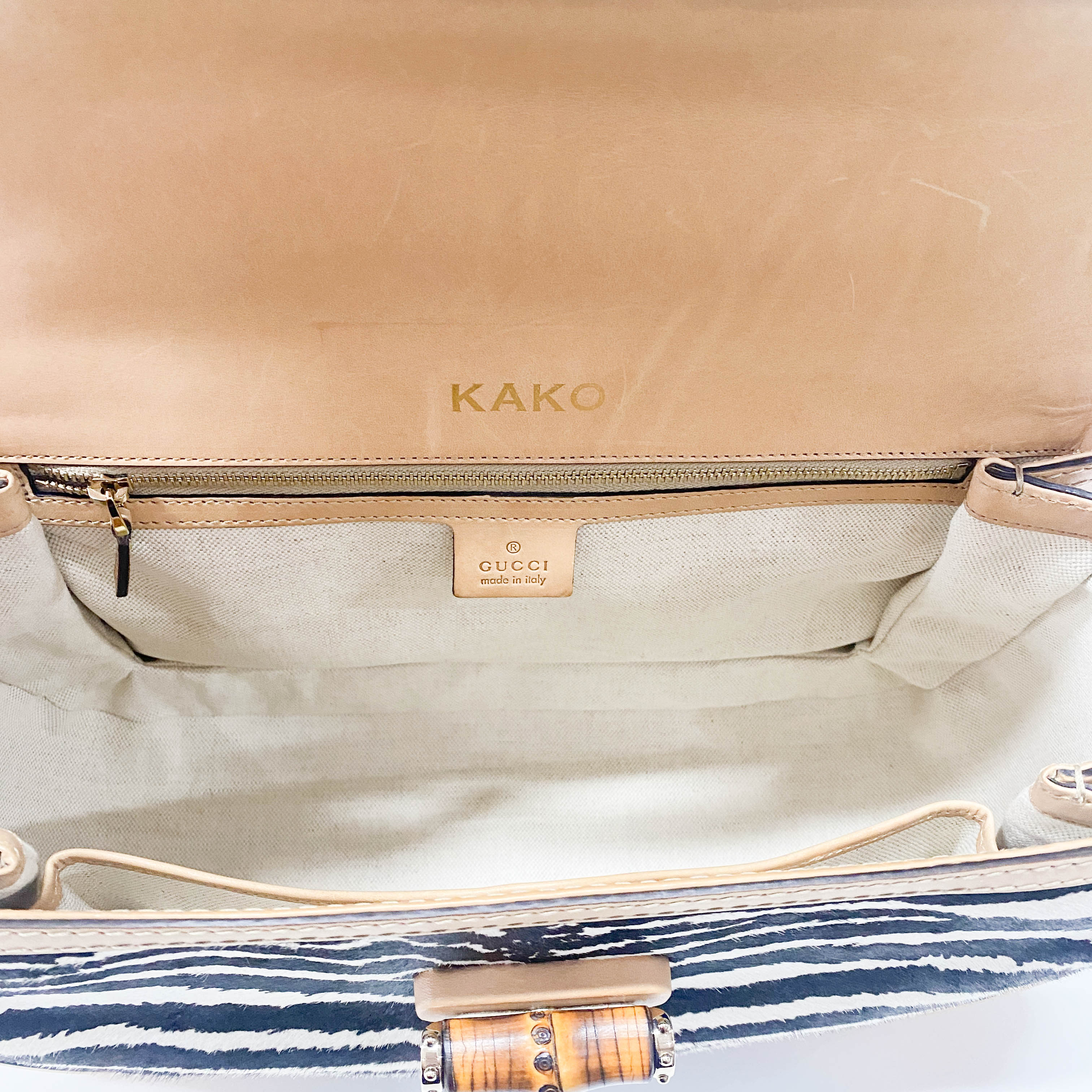 Brown Leather Zebra Print Bamboo Top Handle Bag