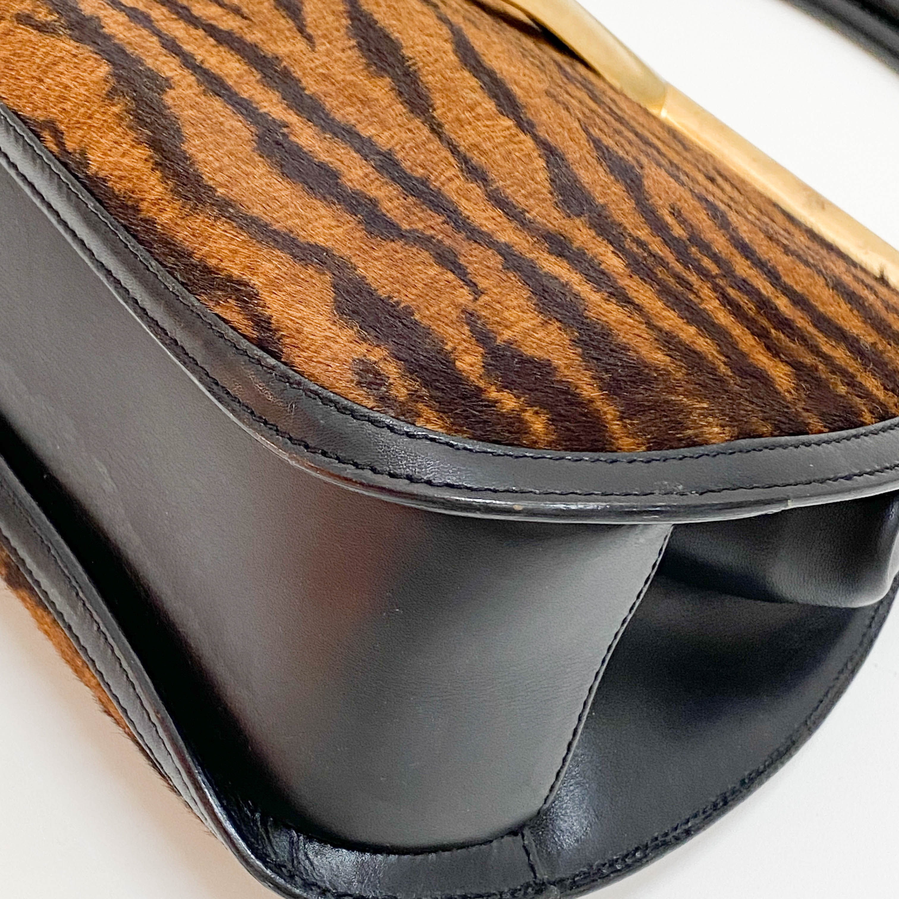 Horsebit Tiger Print Brown Pony Hair Hand Bag