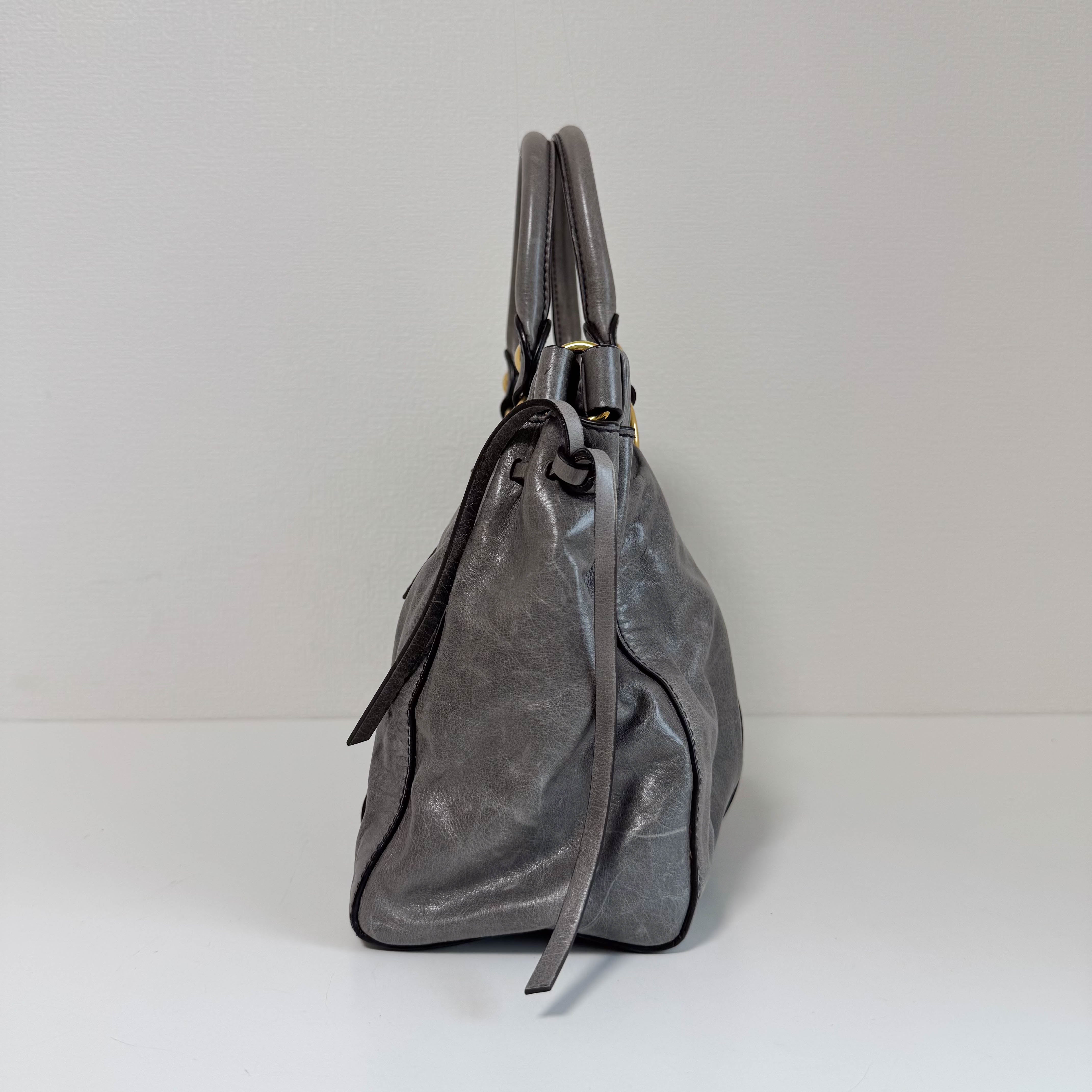 Vitello Grey Leather Top Handle Bag