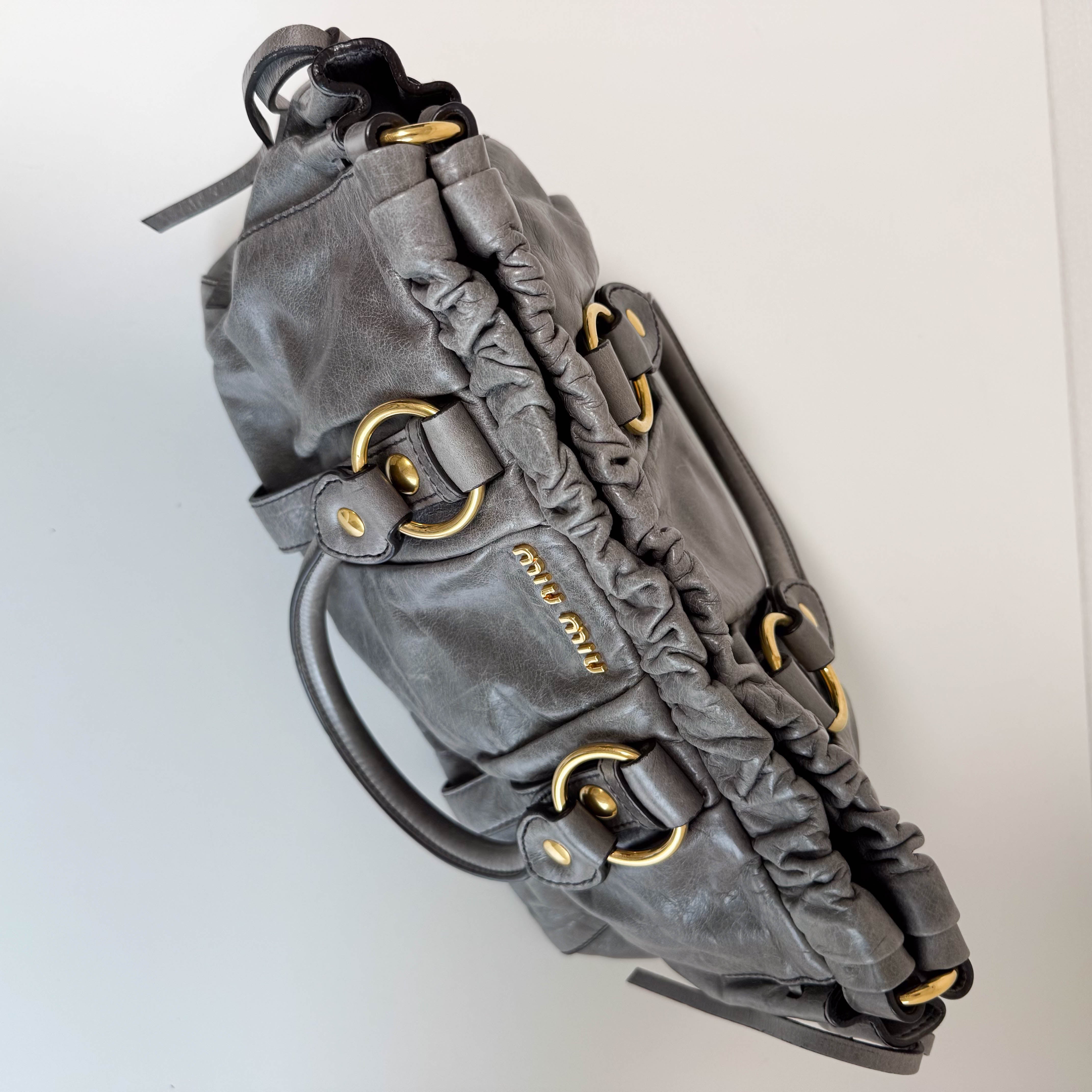 Vitello Grey Leather Top Handle Bag