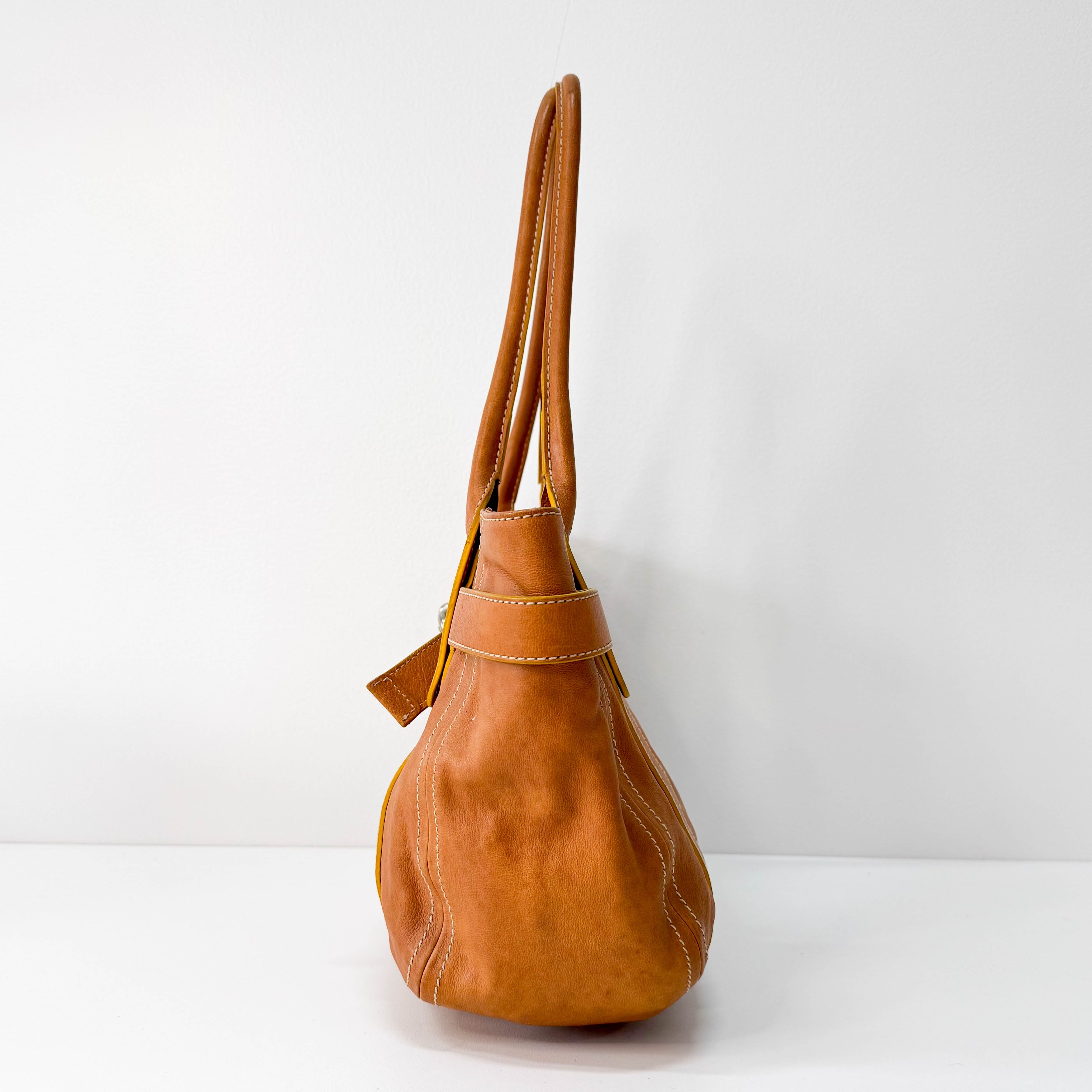 Belt Buckle Caramel Brown Leather Tote Shoulder Bag