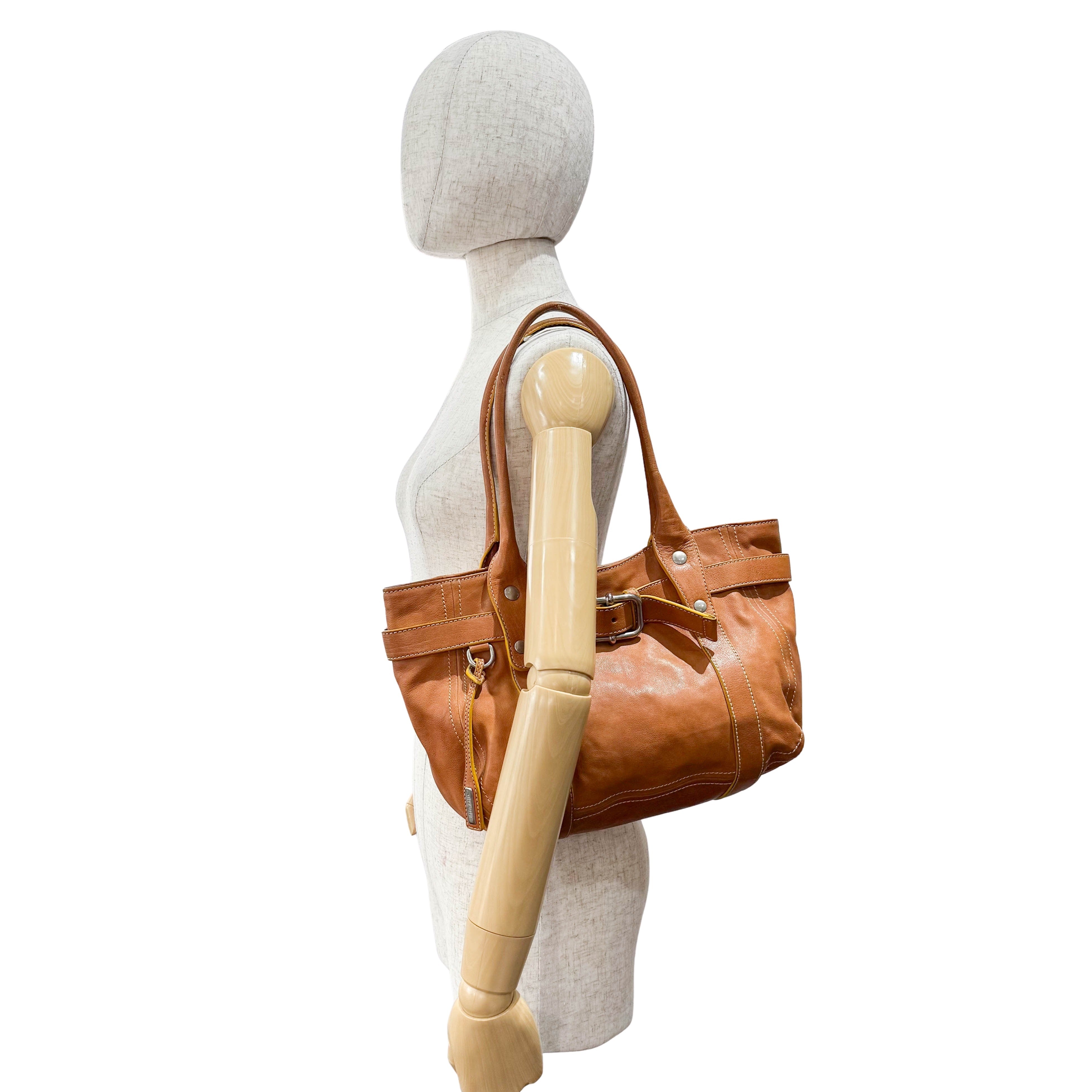 Belt Buckle Caramel Brown Leather Tote Shoulder Bag