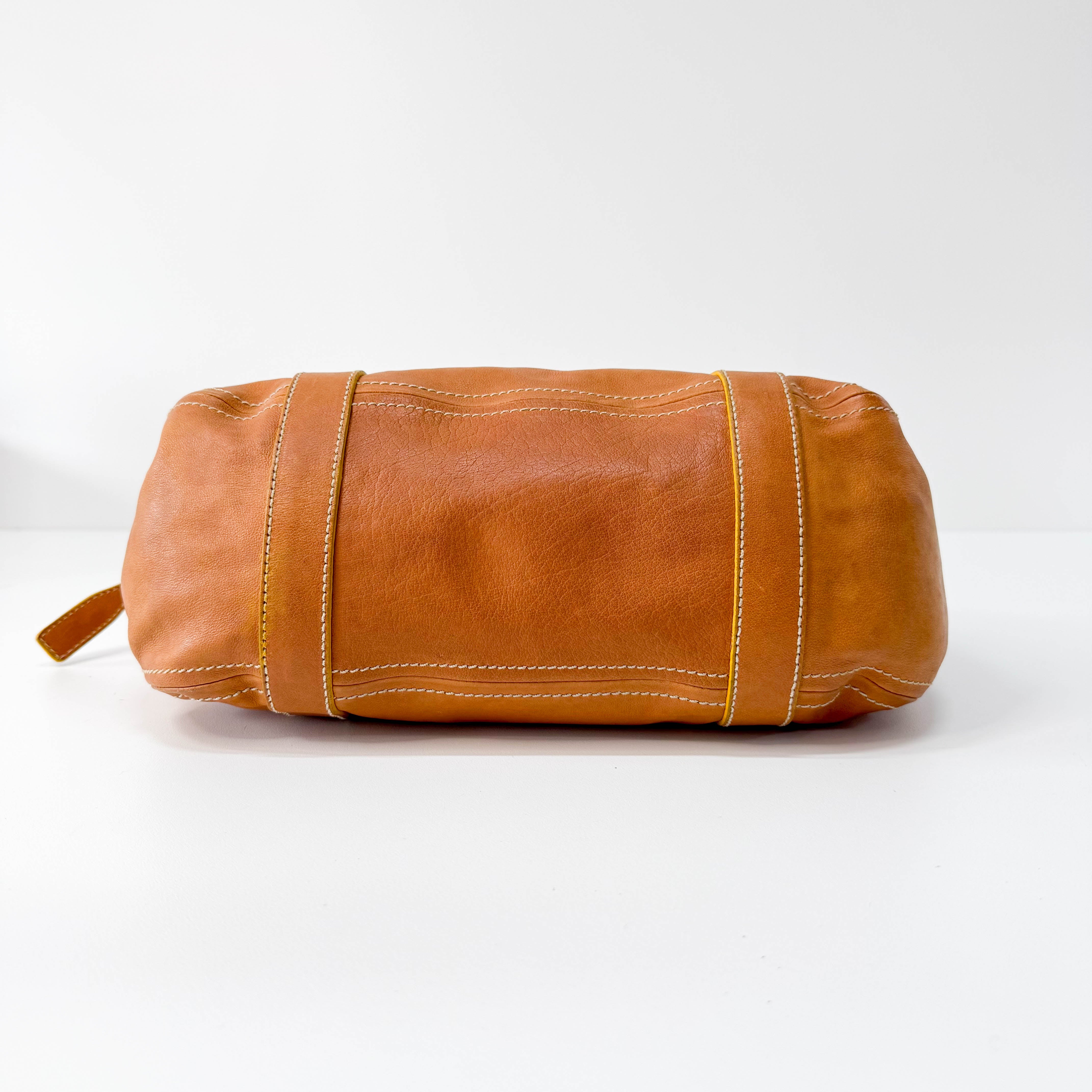 Belt Buckle Caramel Brown Leather Tote Shoulder Bag