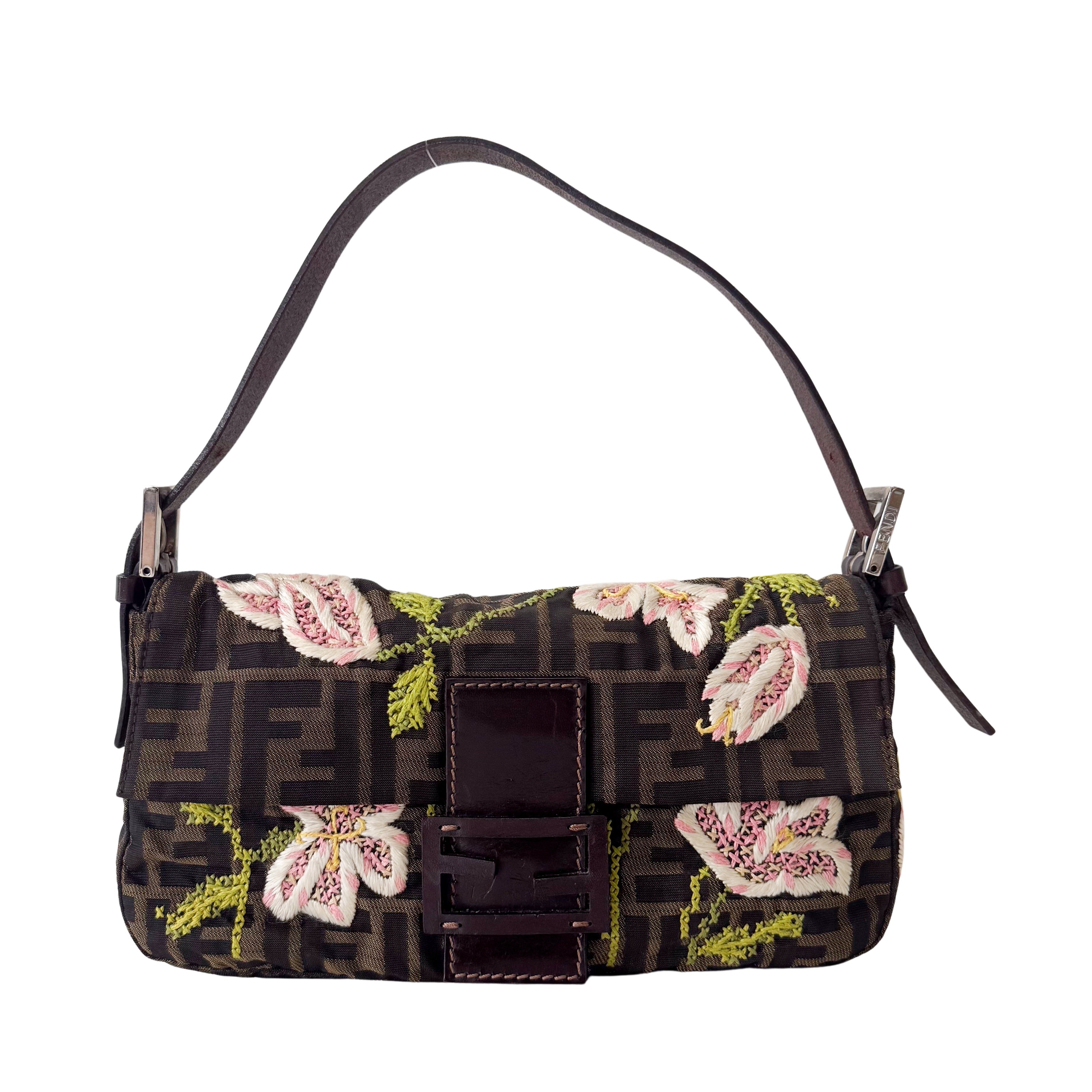 Zucca Baguette Brown Flower Stitch Design Shoulder Bag