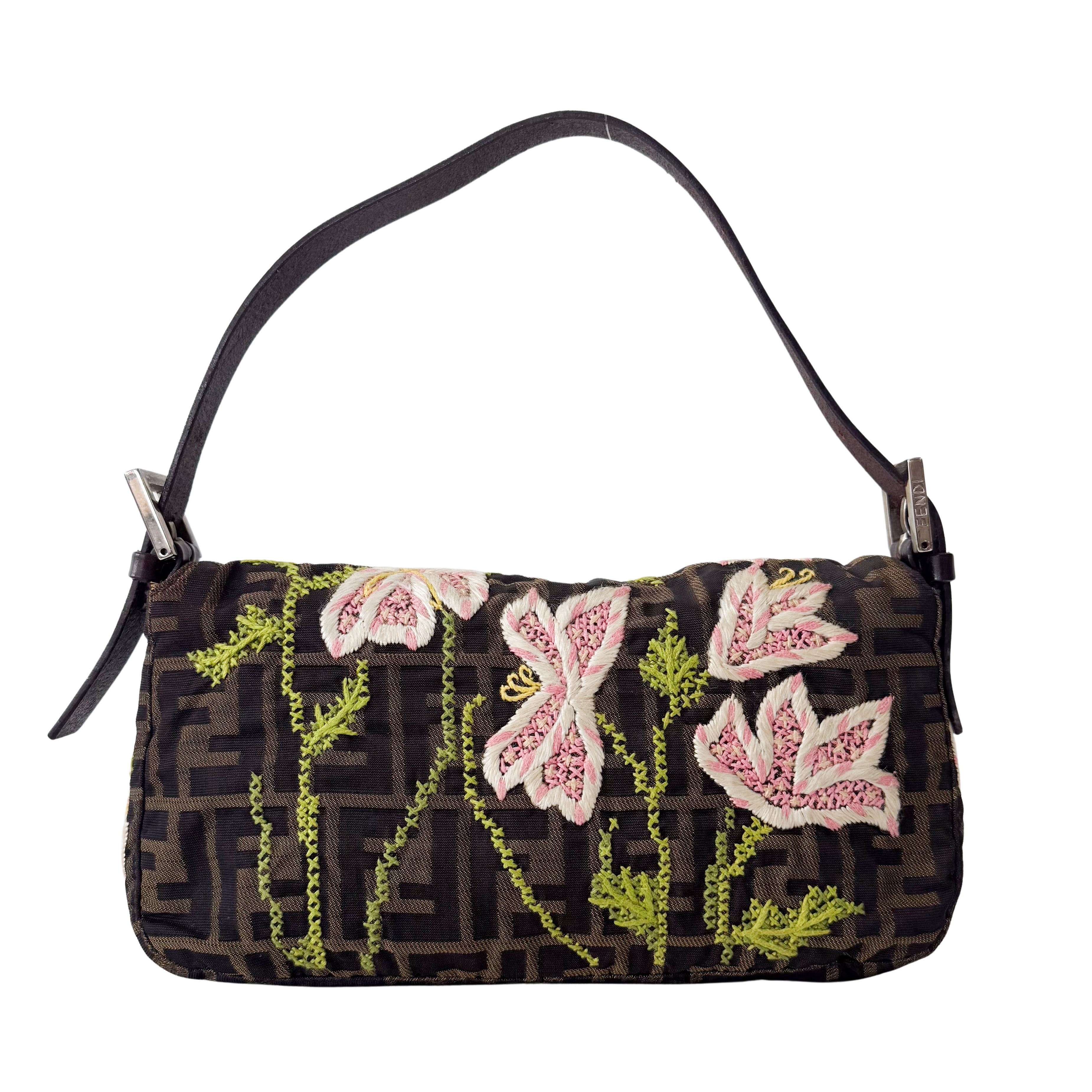 Zucca Baguette Brown Flower Stitch Design Shoulder Bag