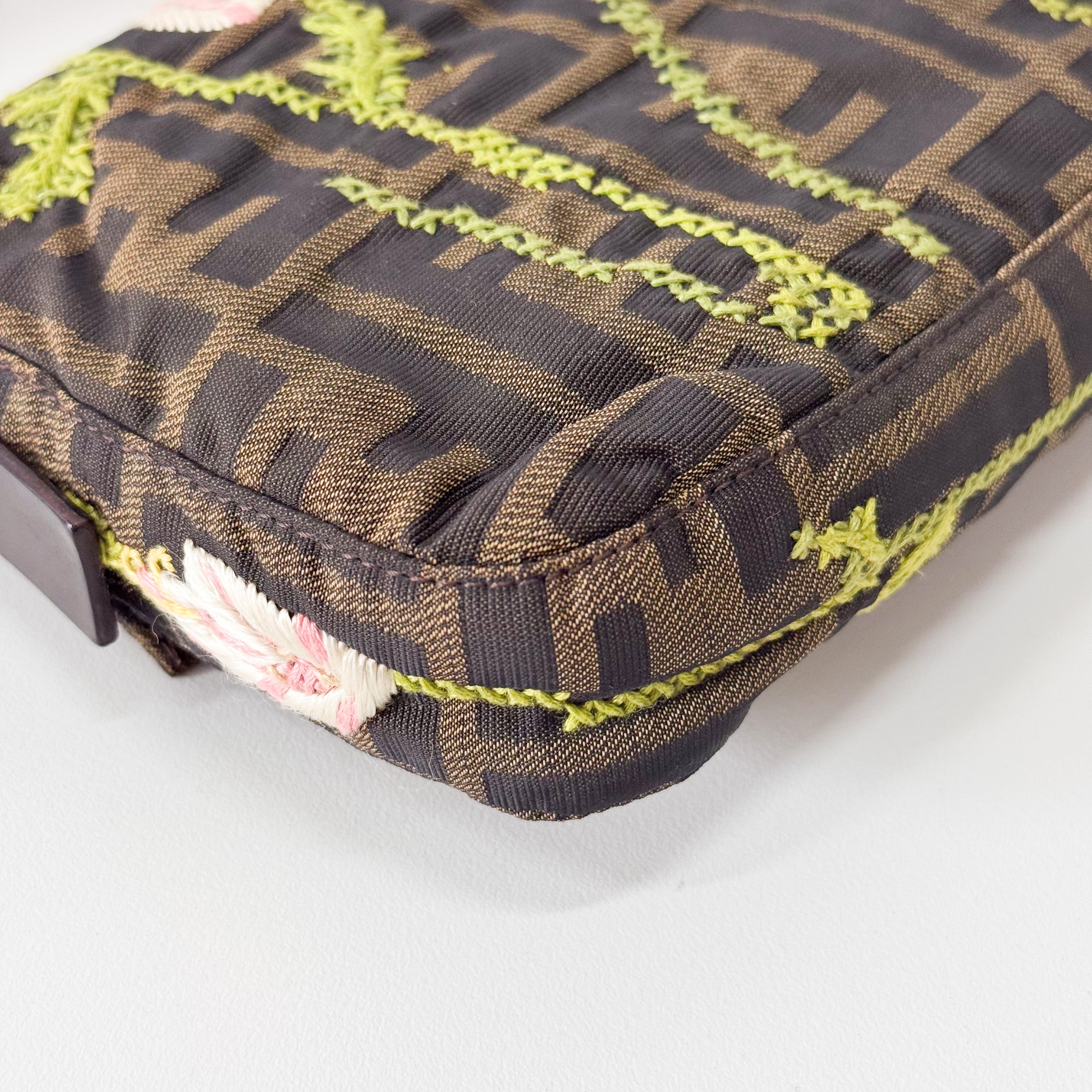 Zucca Baguette Brown Flower Stitch Design Shoulder Bag