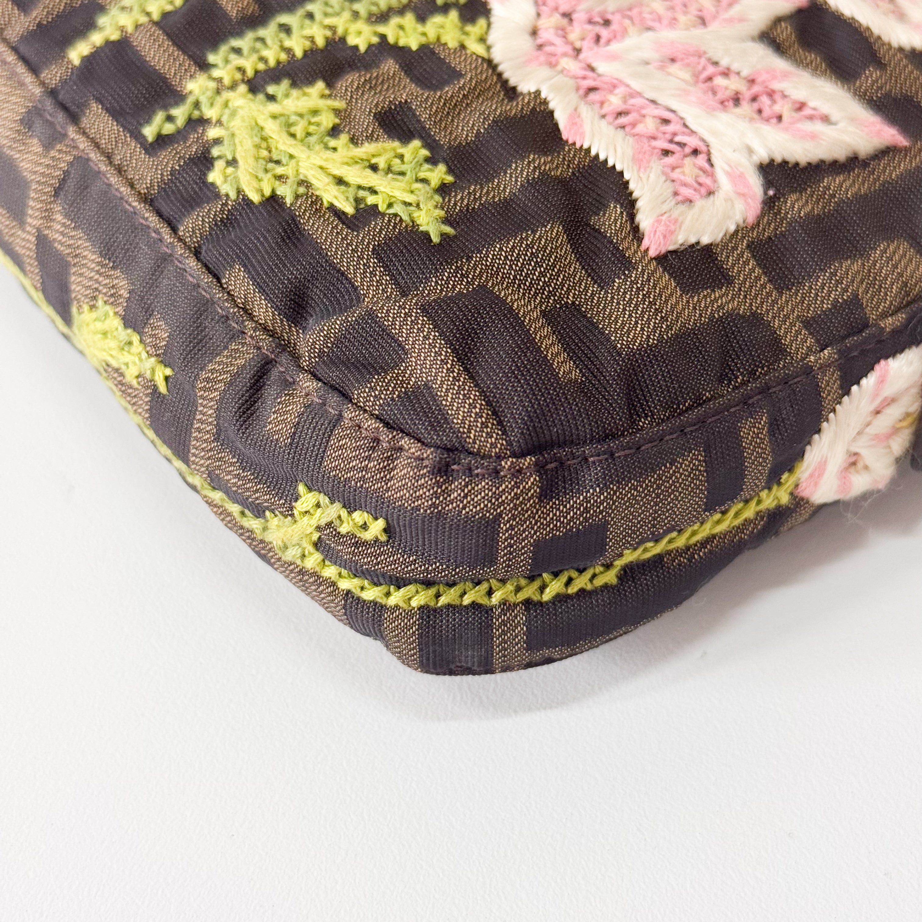 Zucca Baguette Brown Flower Stitch Design Shoulder Bag