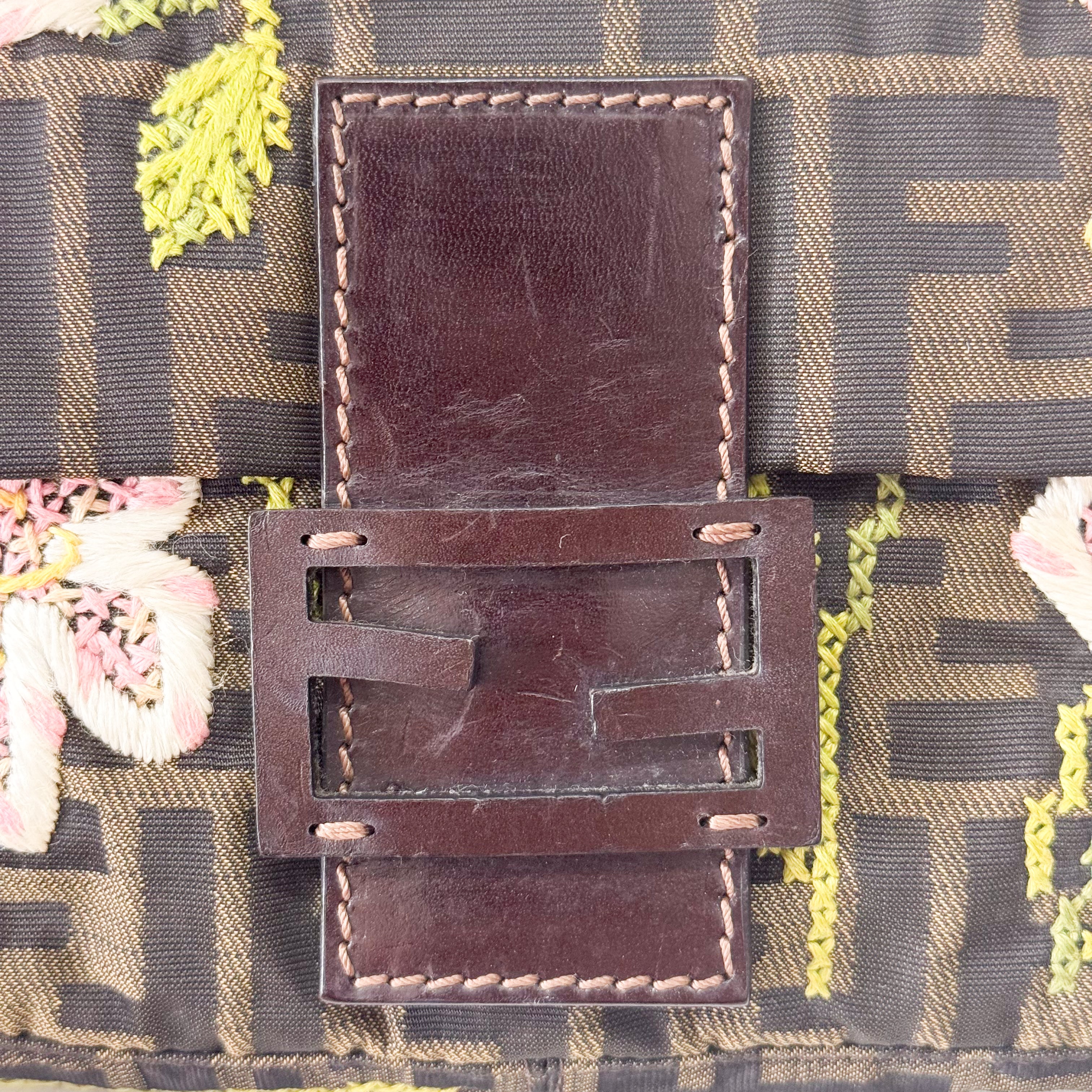 Zucca Baguette Brown Flower Stitch Design Shoulder Bag