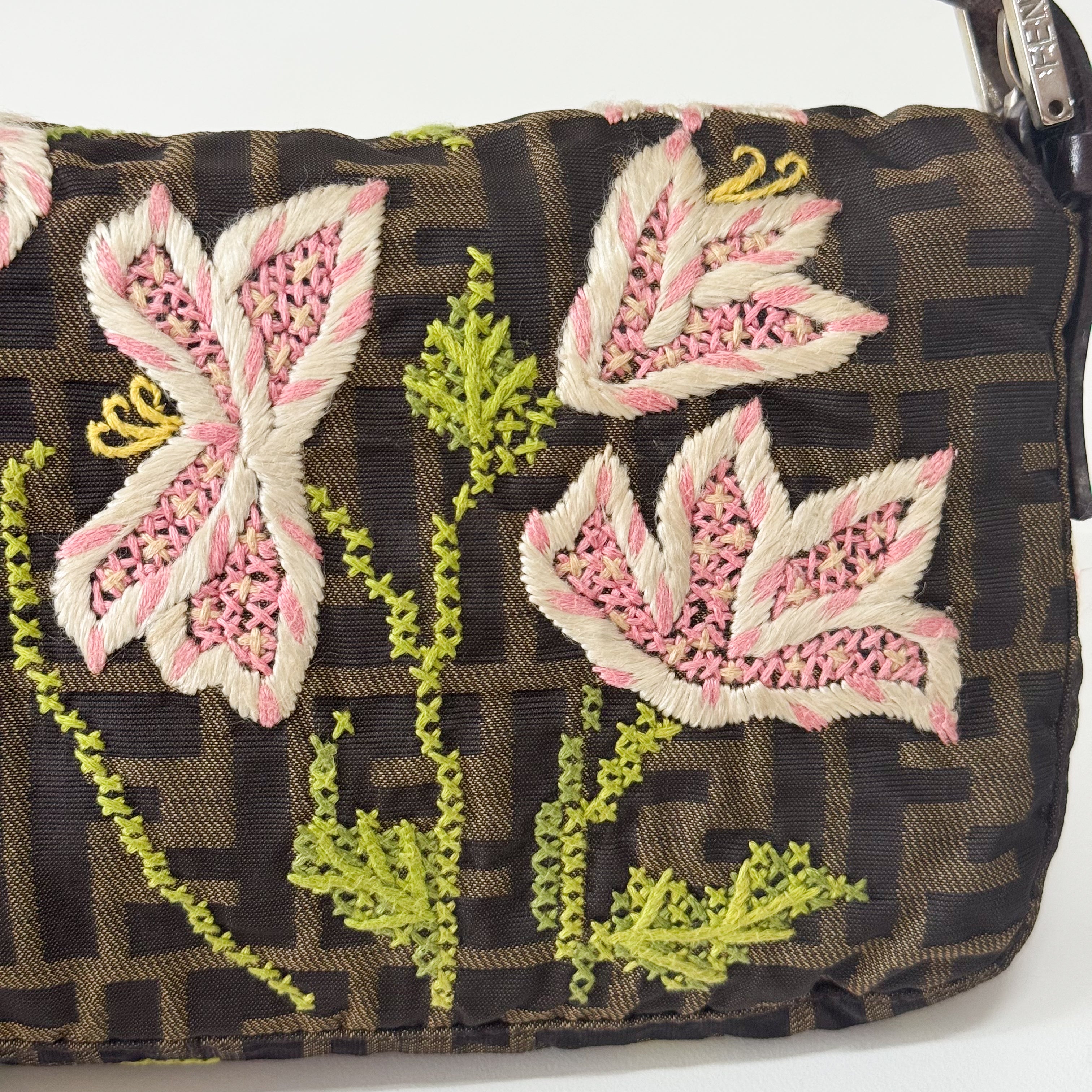 Zucca Baguette Brown Flower Stitch Design Shoulder Bag