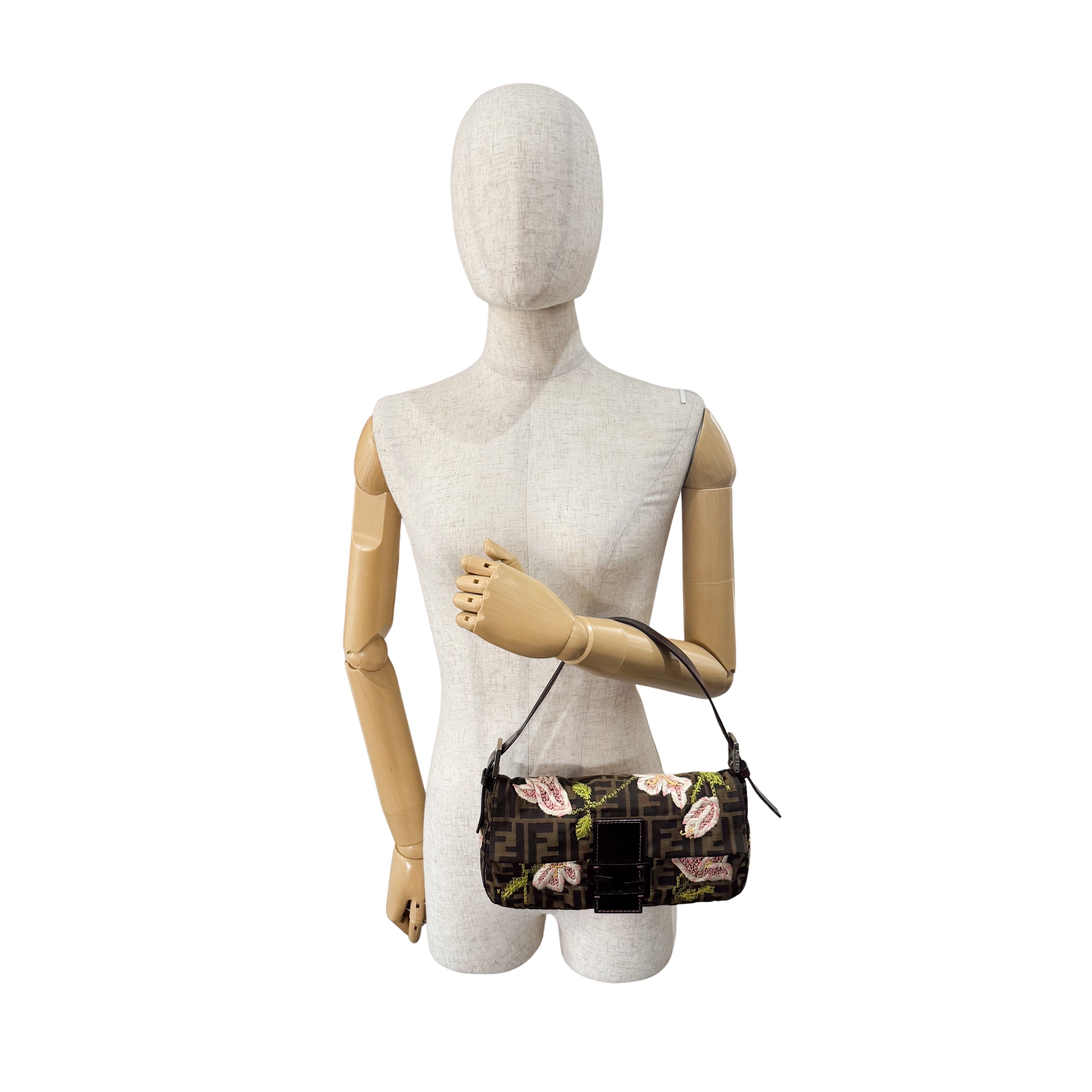 Zucca Baguette Brown Flower Stitch Design Shoulder Bag