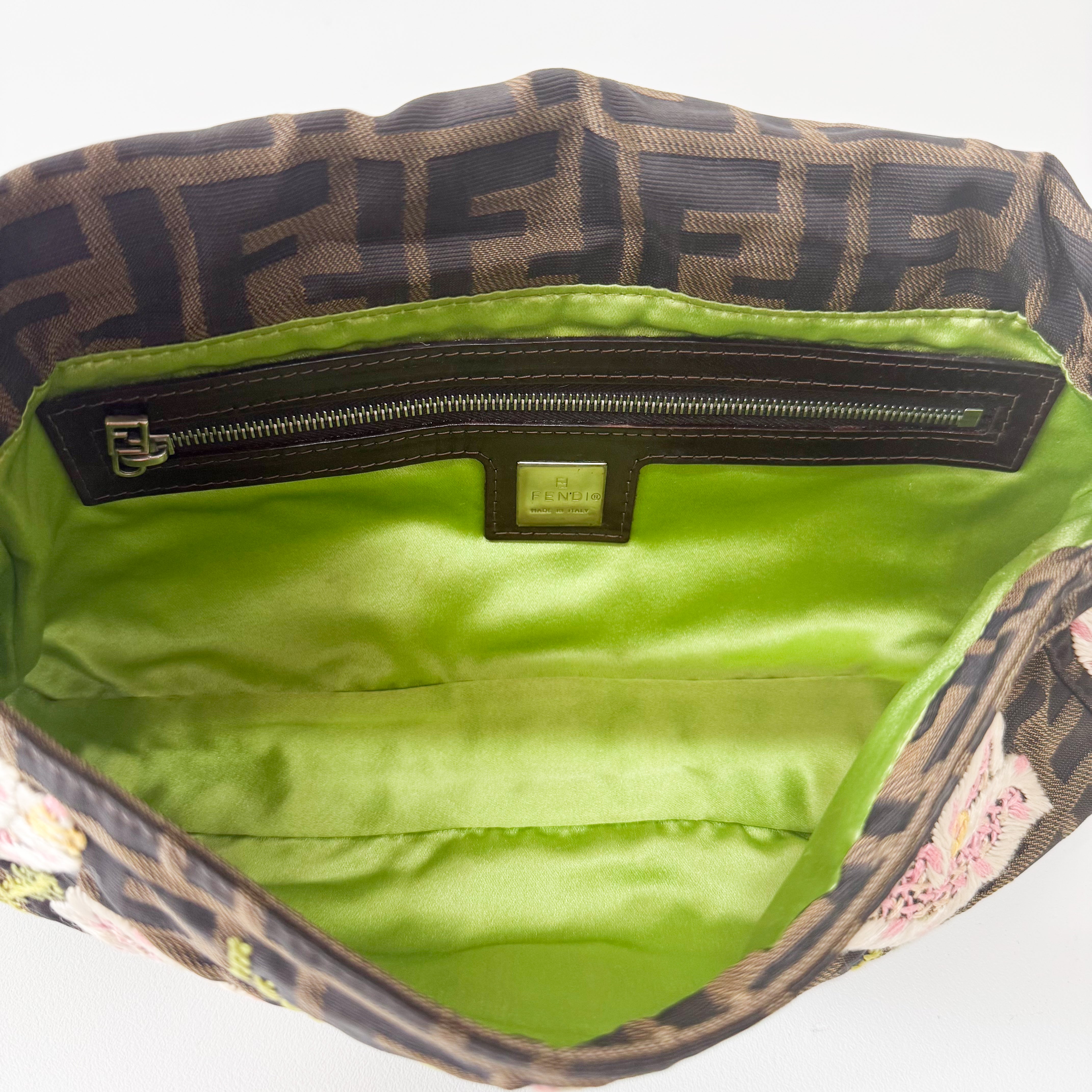 Zucca Baguette Brown Flower Stitch Design Shoulder Bag