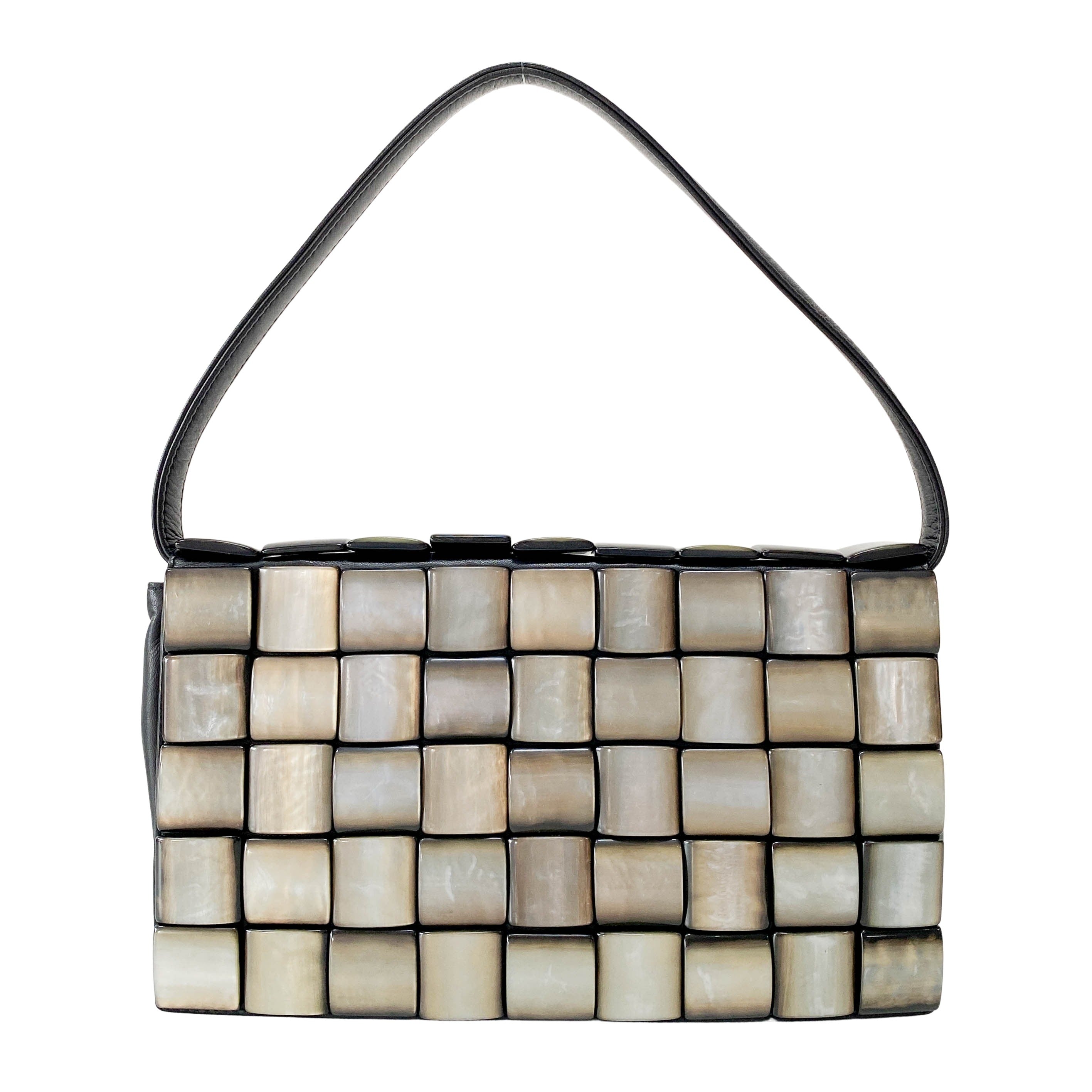 Black Leather Embroided Squares Shoulder Bag