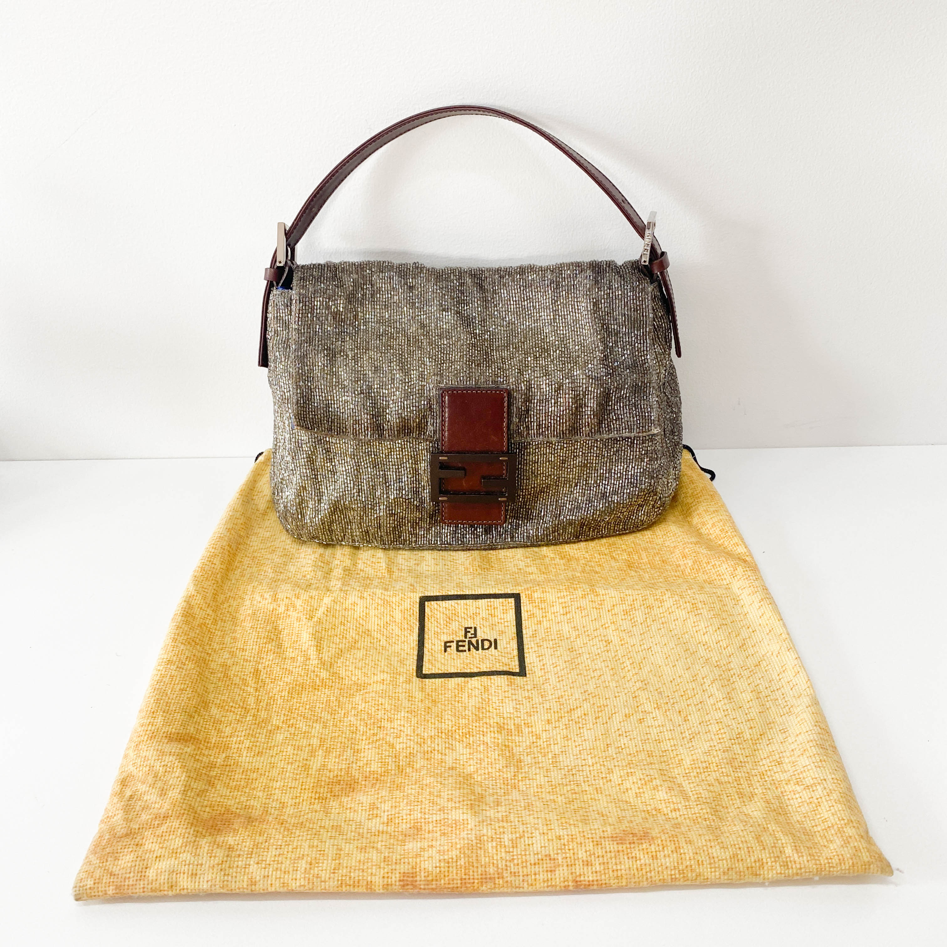 Mamma Baguette Brown Beaded Handbag