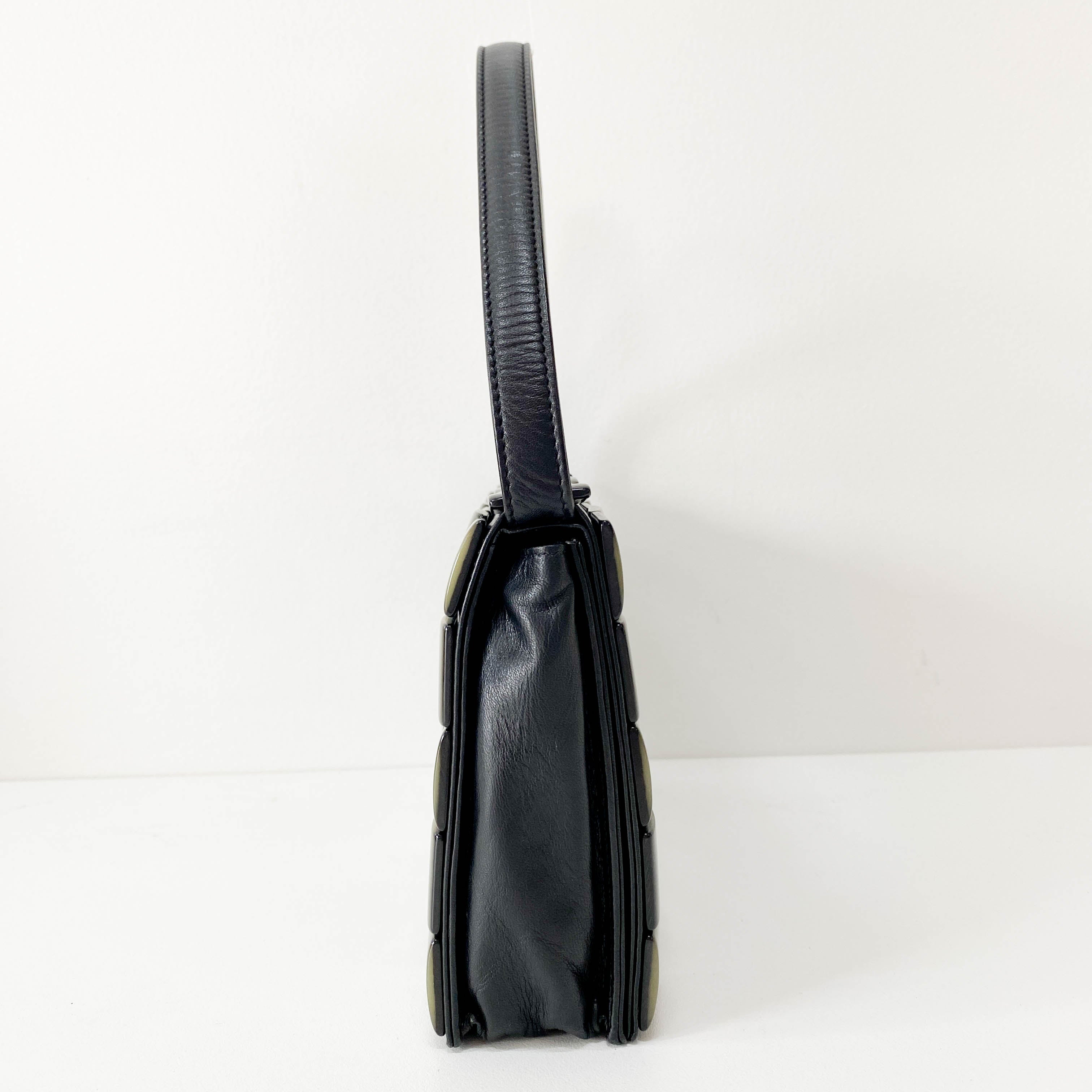 Black Leather Embroided Squares Shoulder Bag