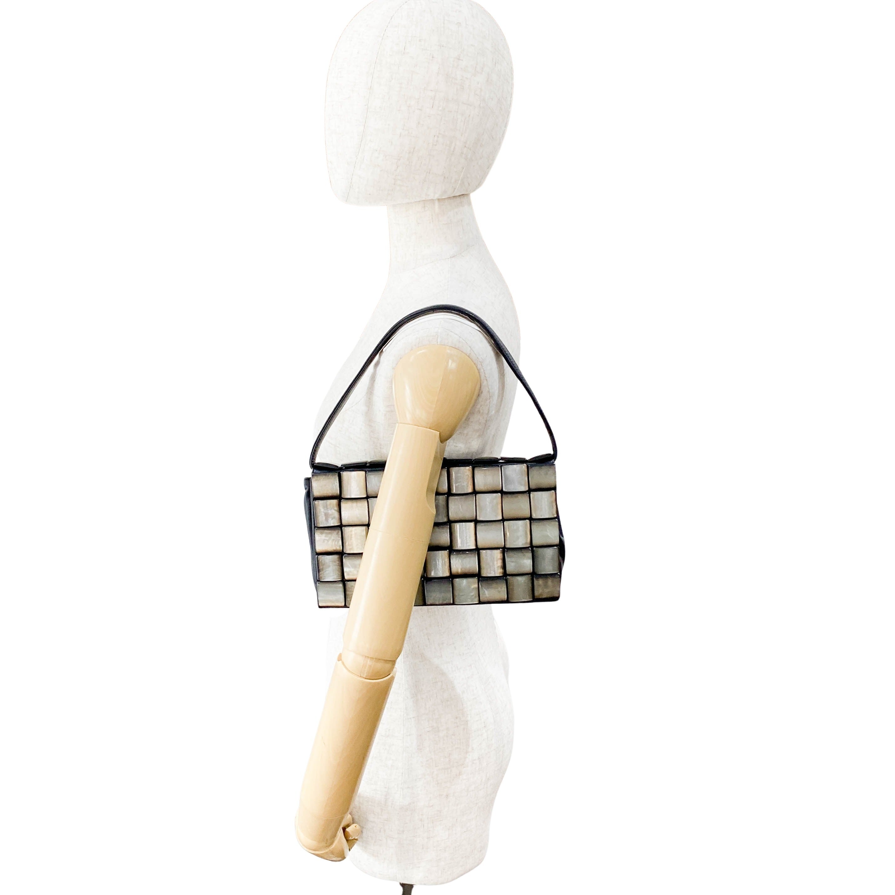 Black Leather Embroided Squares Shoulder Bag