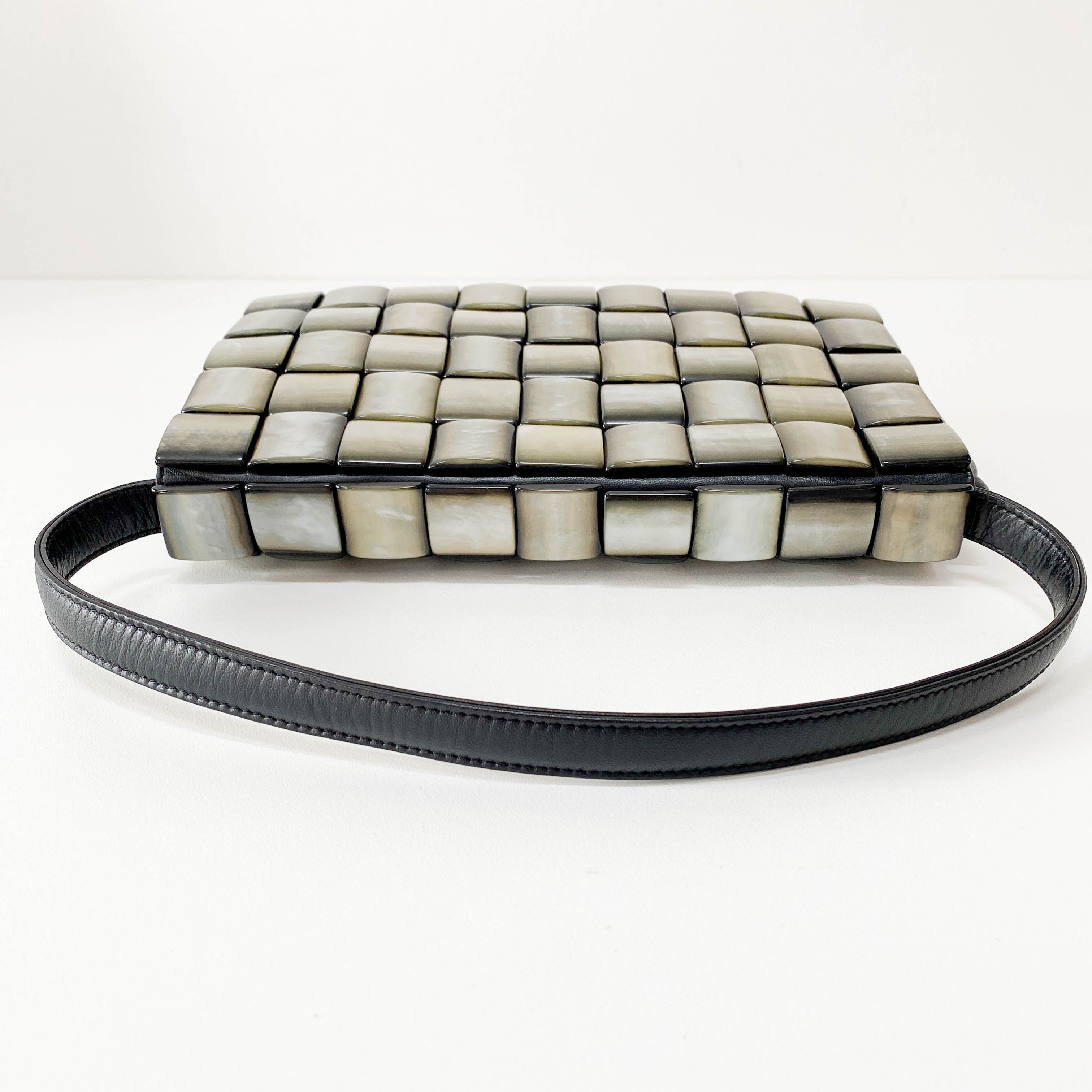 Black Leather Embroided Squares Shoulder Bag