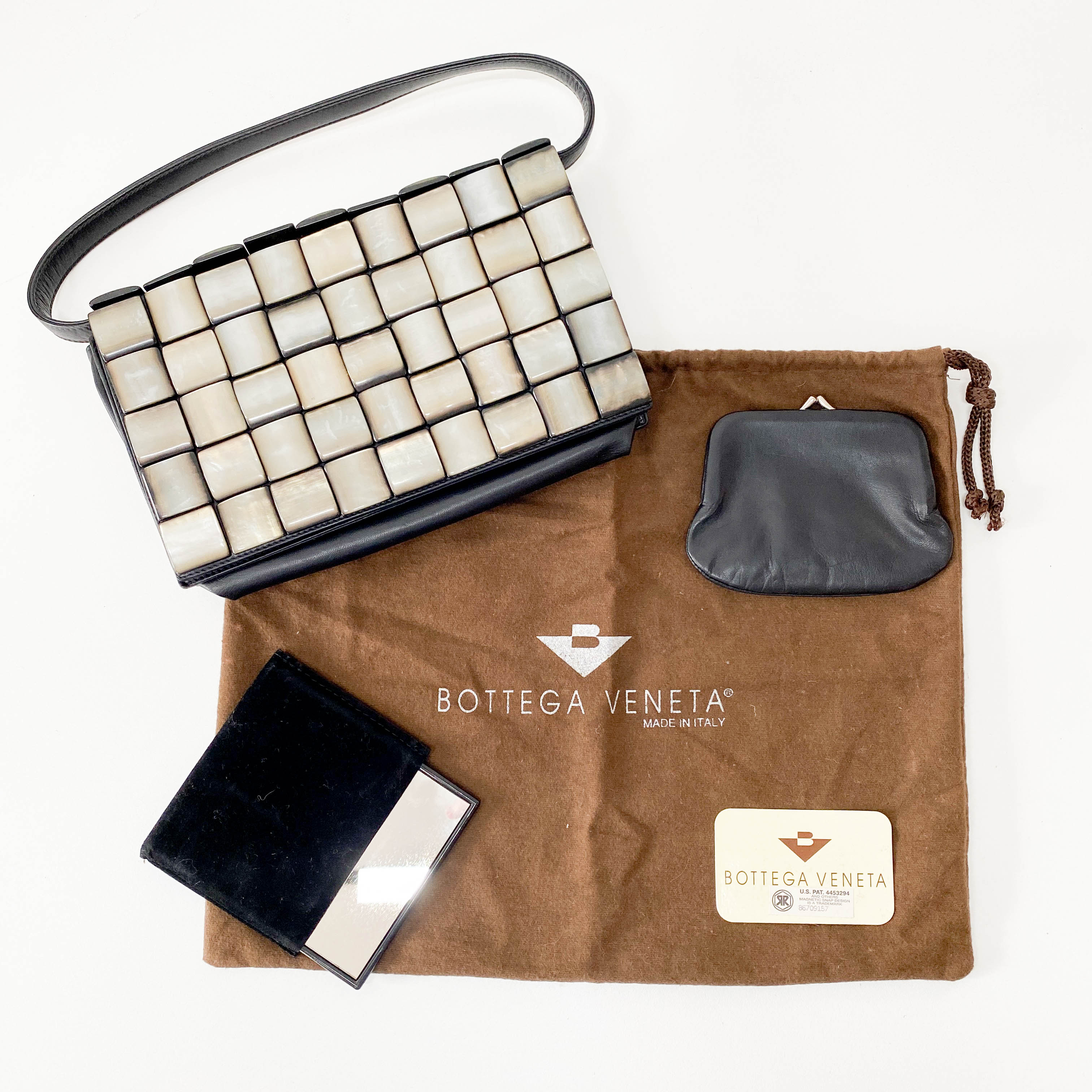 Black Leather Embroided Squares Shoulder Bag