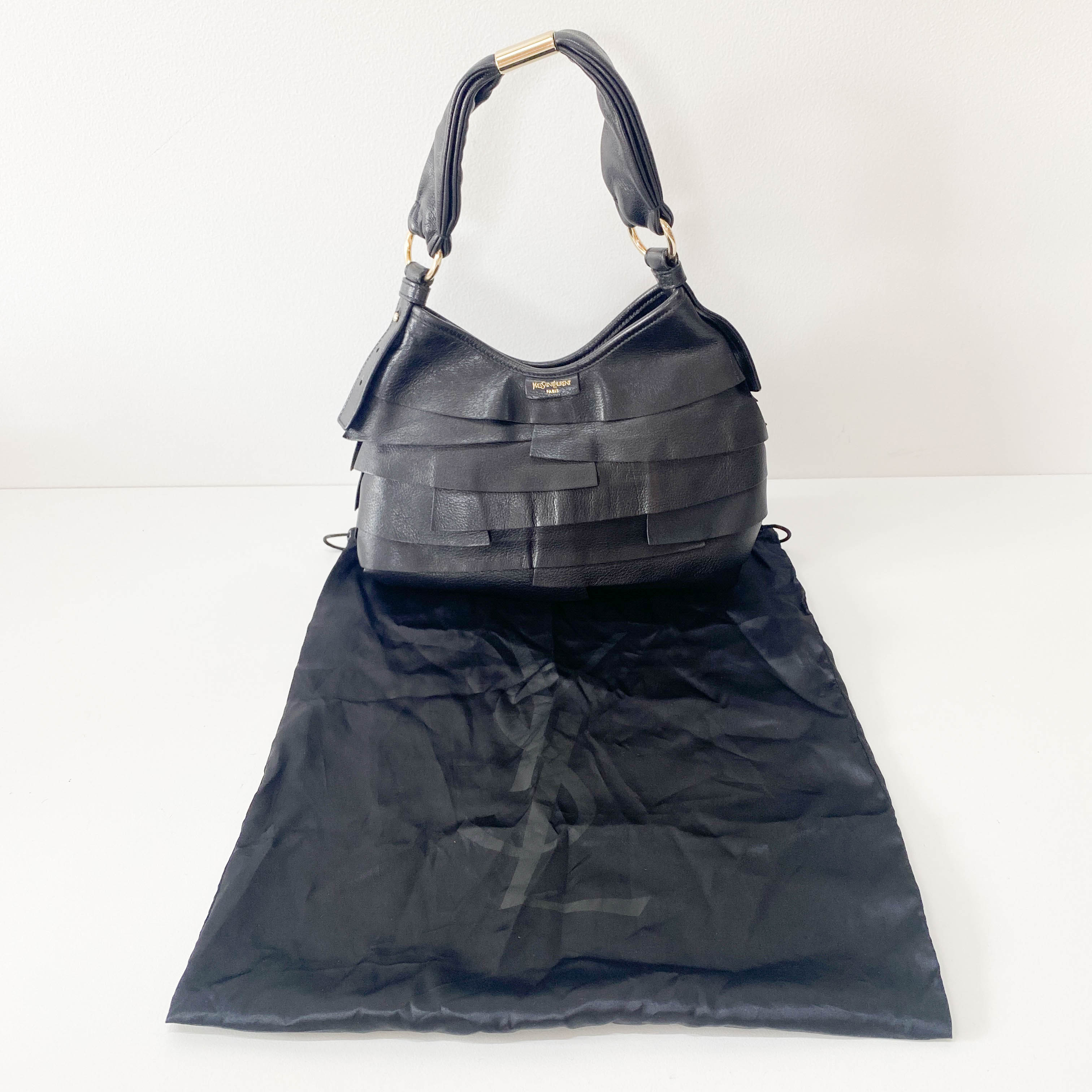 Rive Gauche Fringe Small Black Leather Shoulder Bag