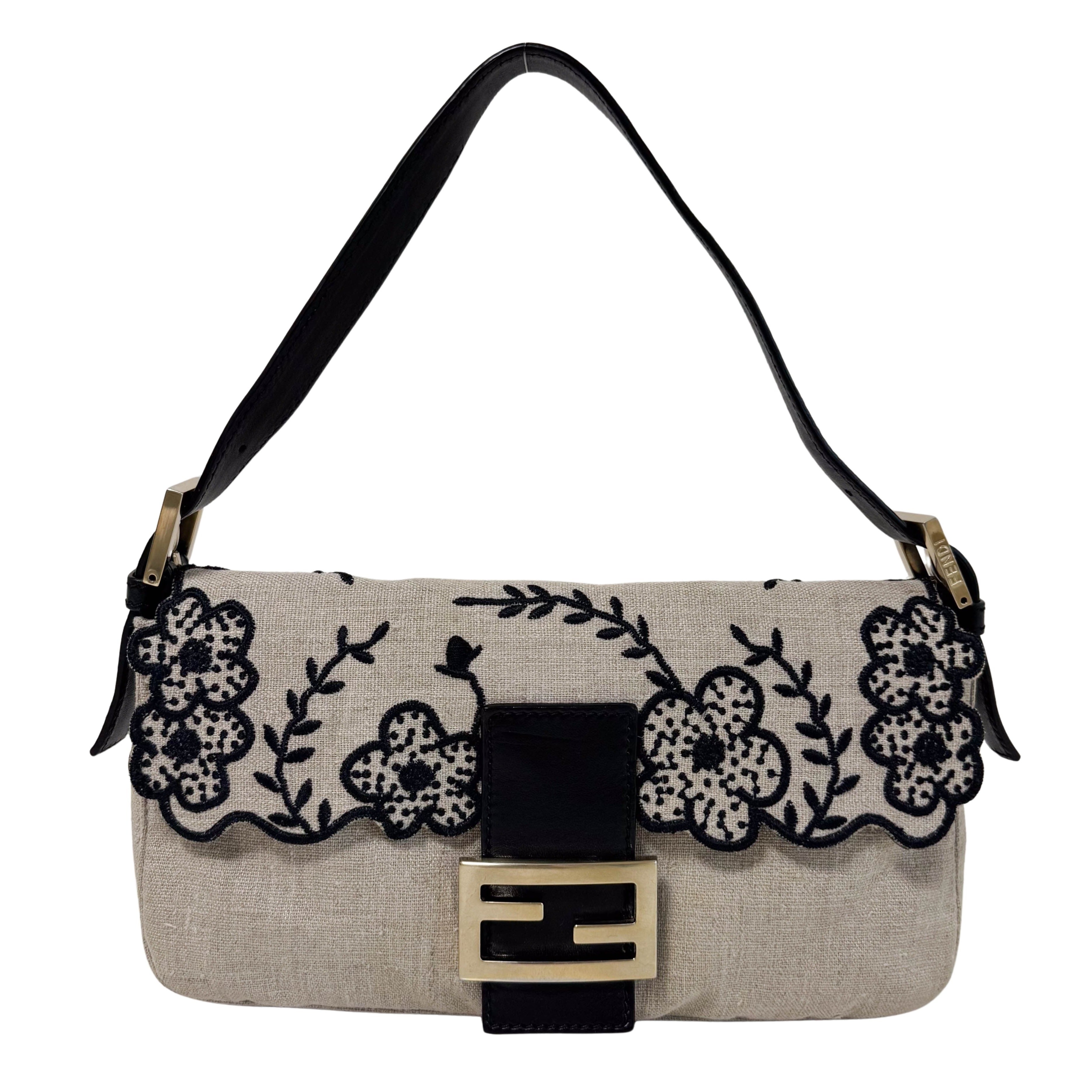 Baguette Raffia Flower Embroidered Shoulder Bag
