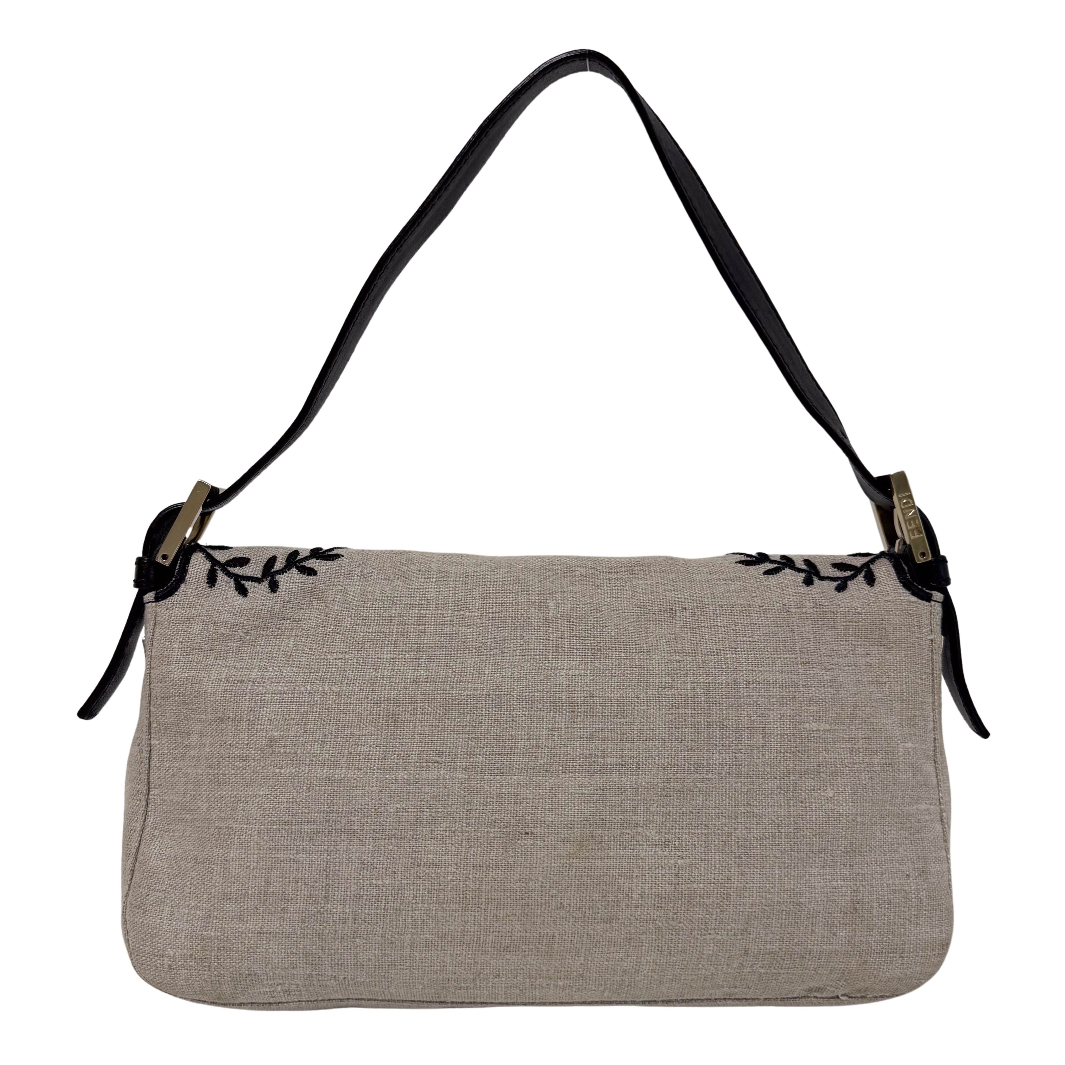 Baguette Raffia Flower Embroidered Shoulder Bag