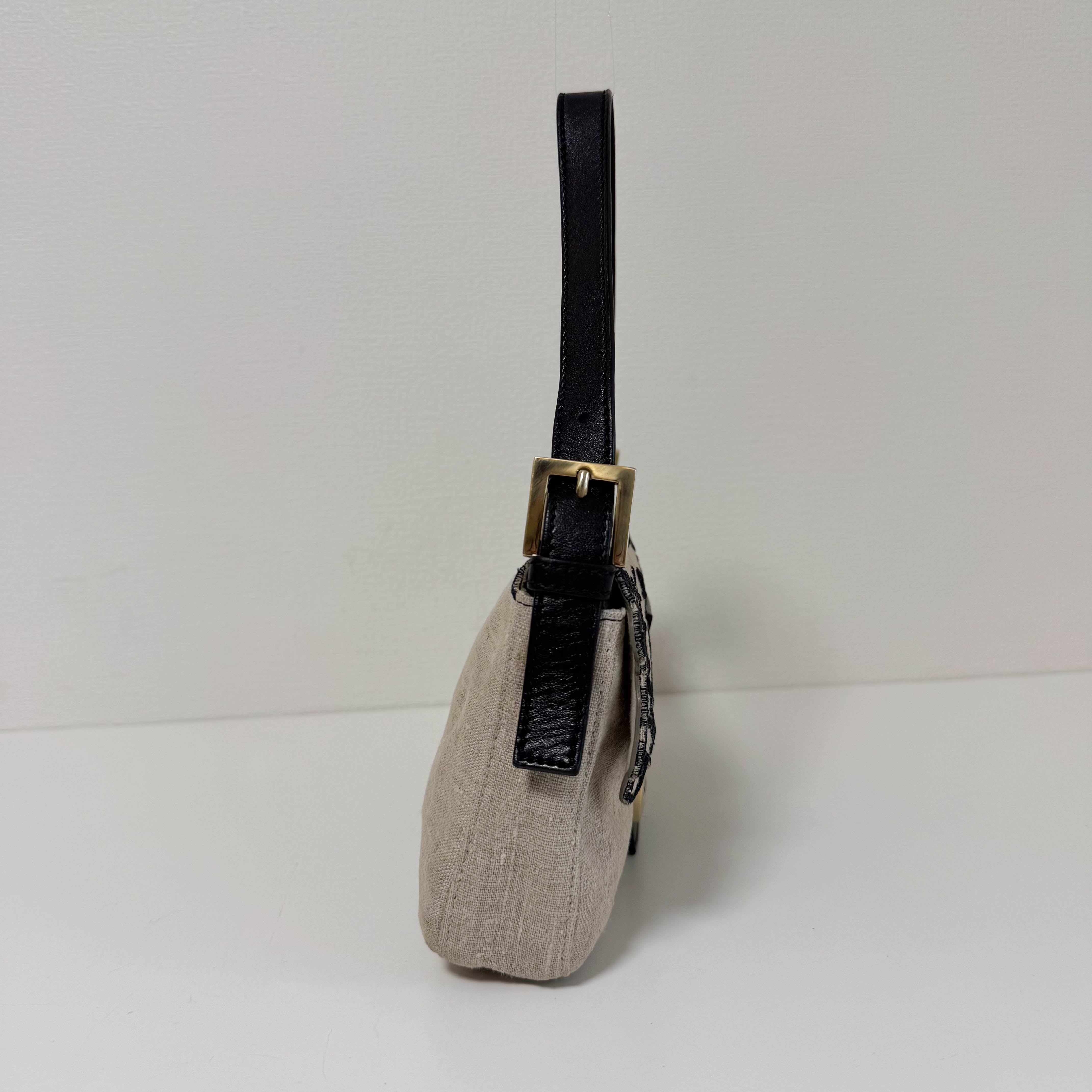 Baguette Raffia Flower Embroidered Shoulder Bag