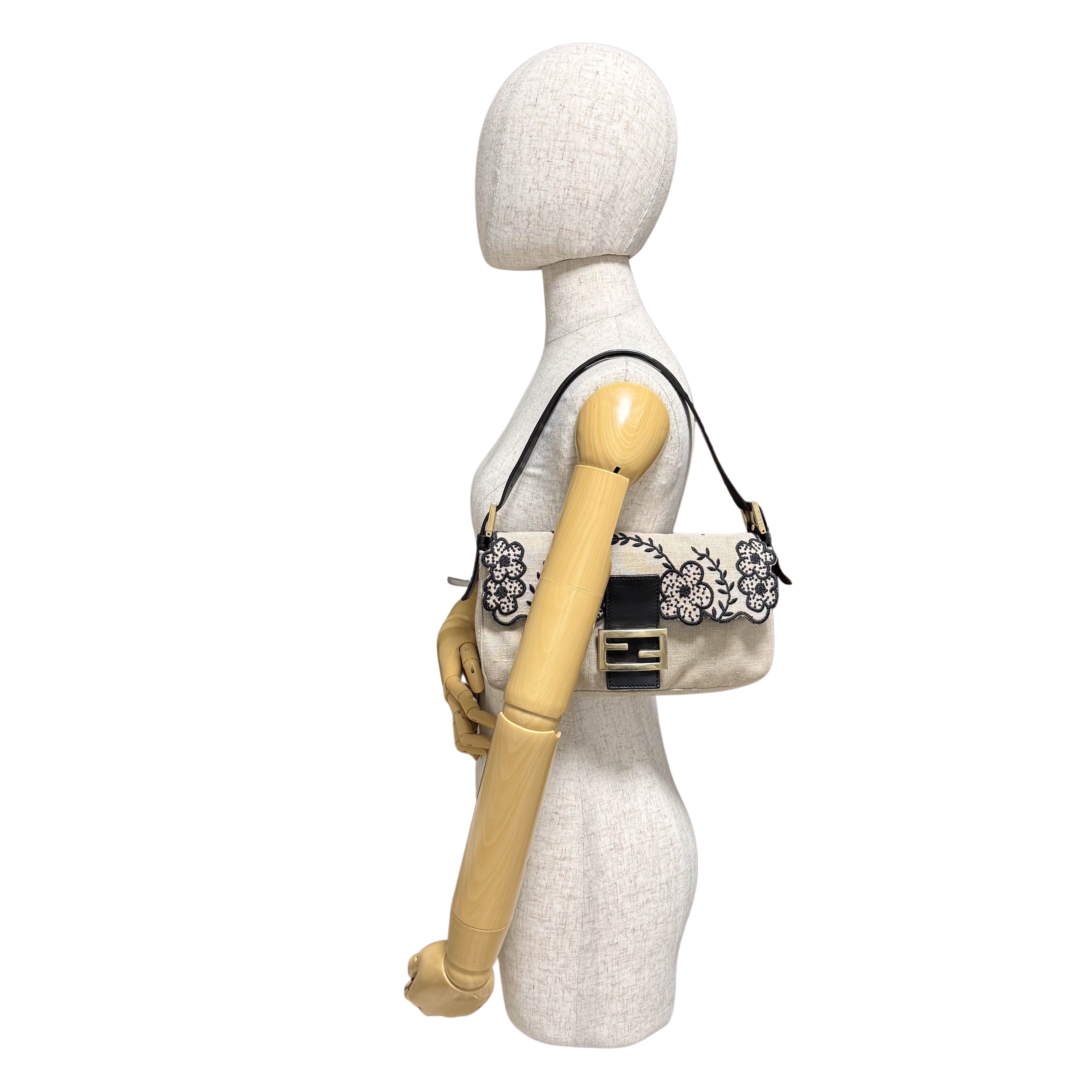 Baguette Raffia Flower Embroidered Shoulder Bag