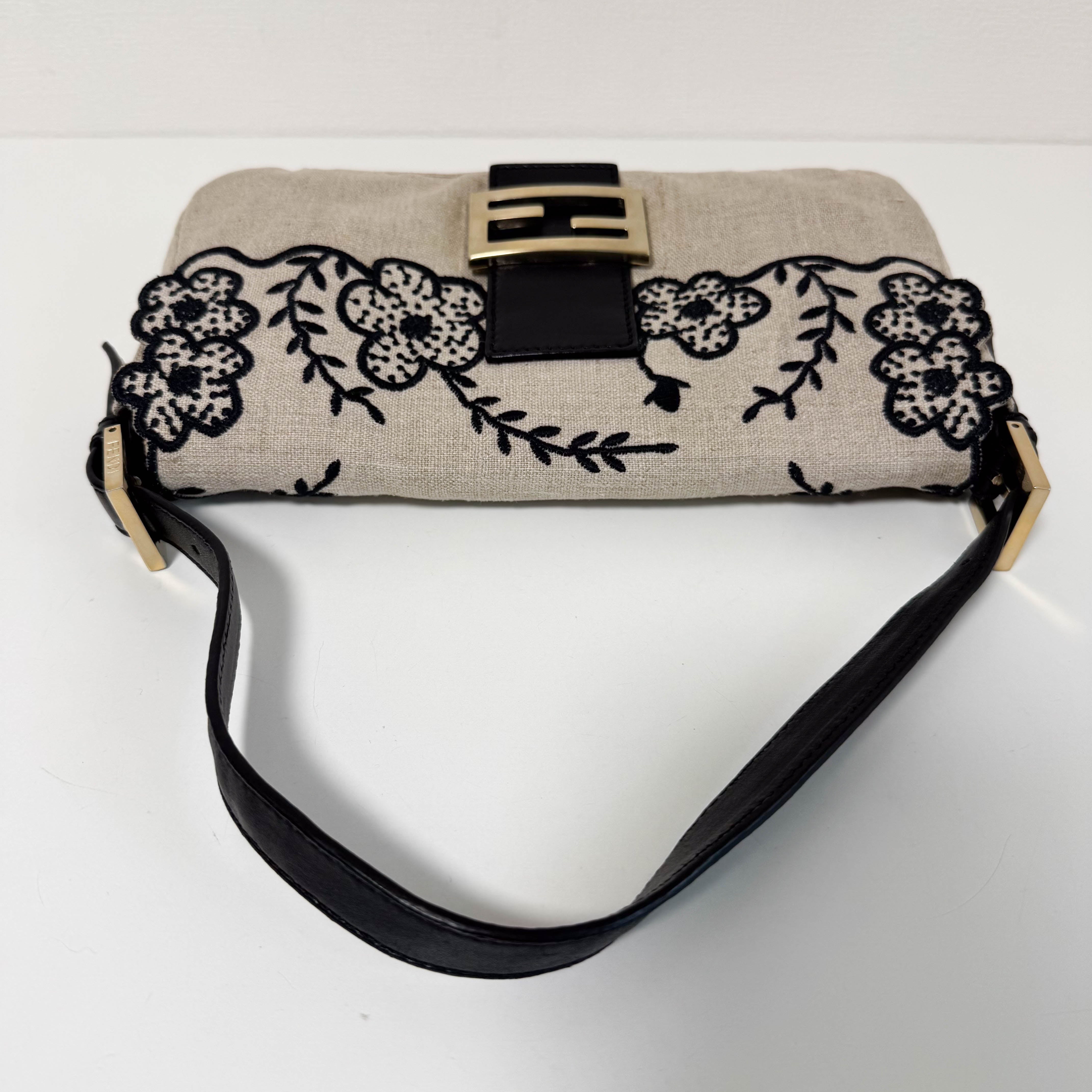 Baguette Raffia Flower Embroidered Shoulder Bag
