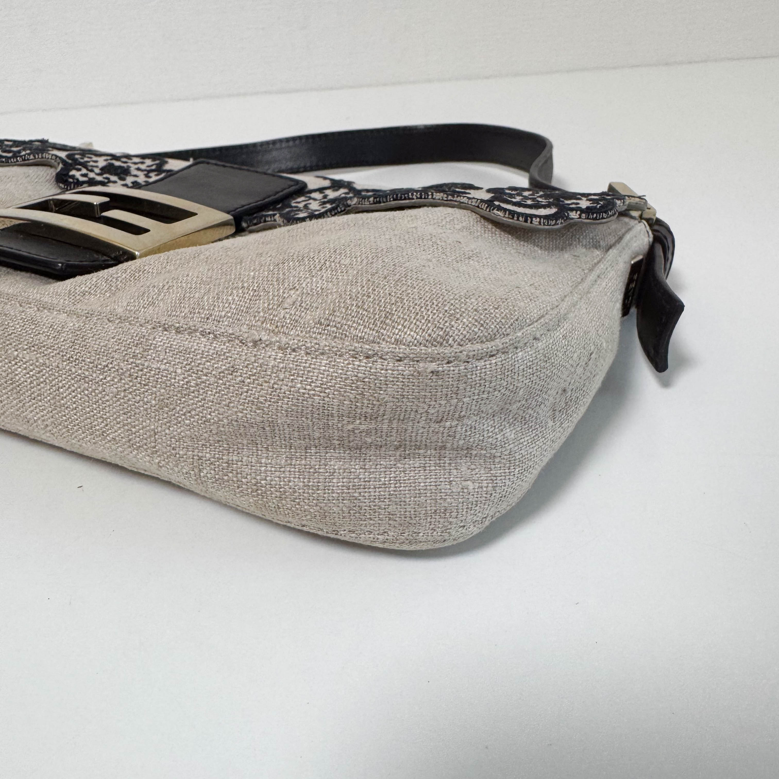 Baguette Raffia Flower Embroidered Shoulder Bag