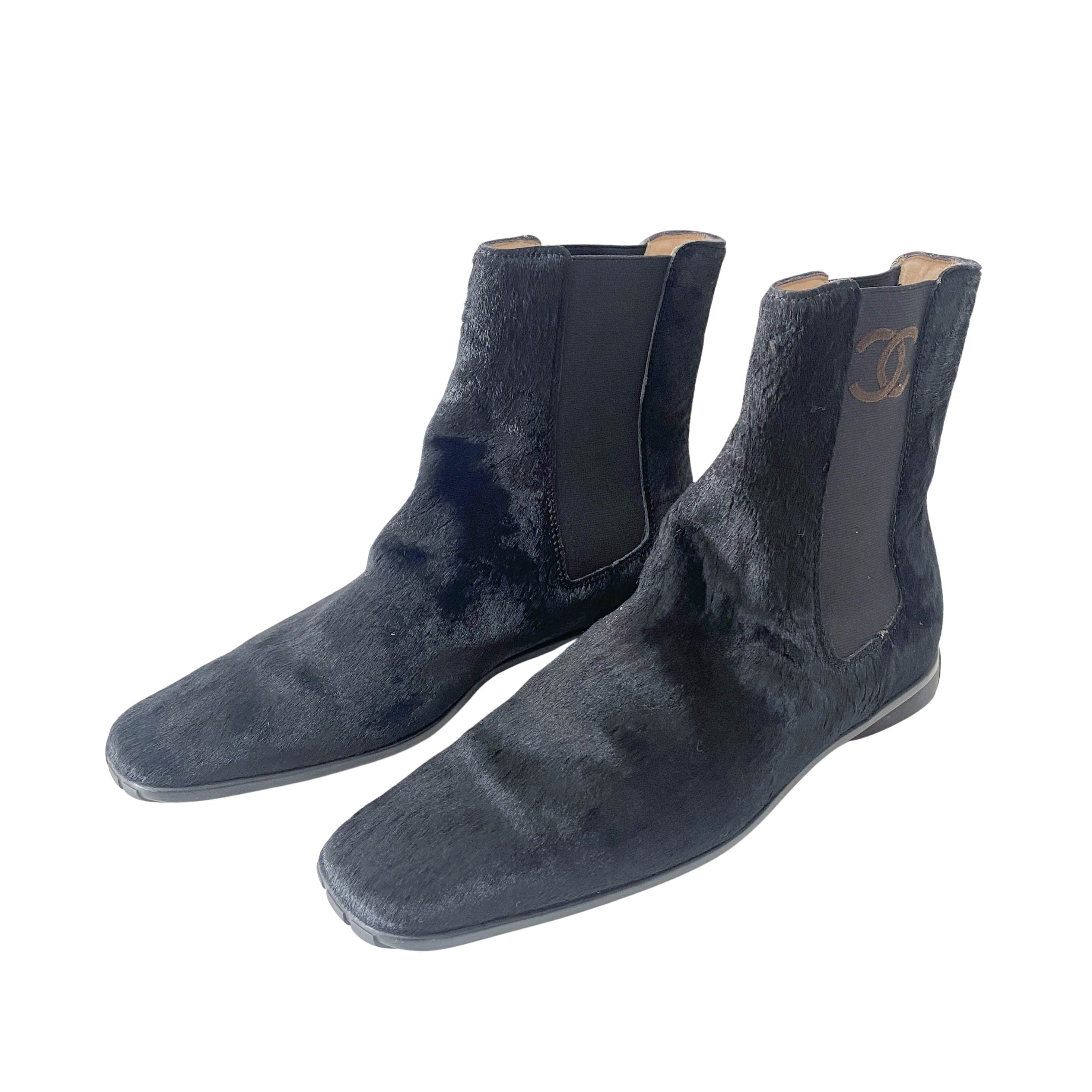 Chanel Size 37 Black Pony Hair Ankle Boots