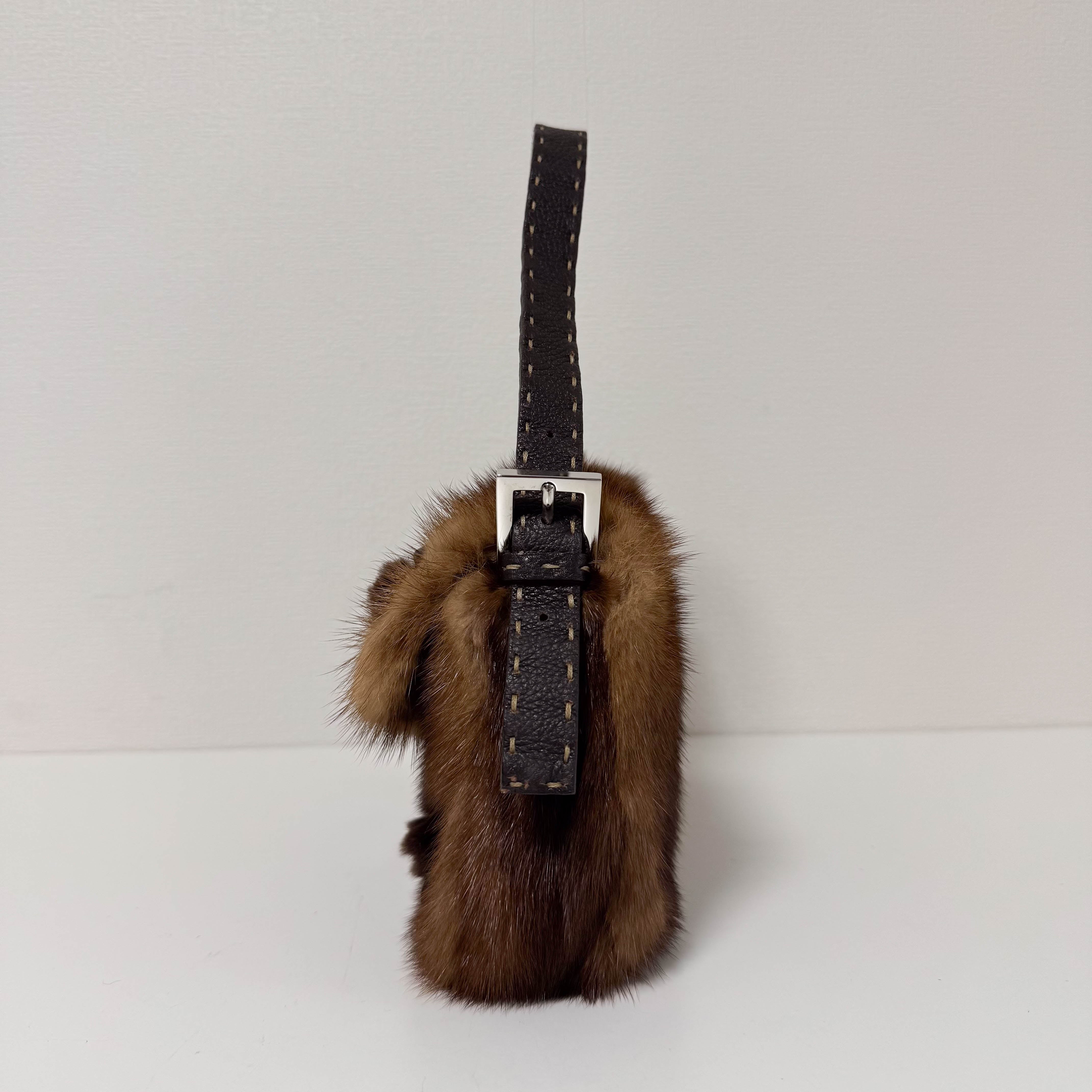 Baguette Brown Fur with Flower Selleria Shoulder Bag