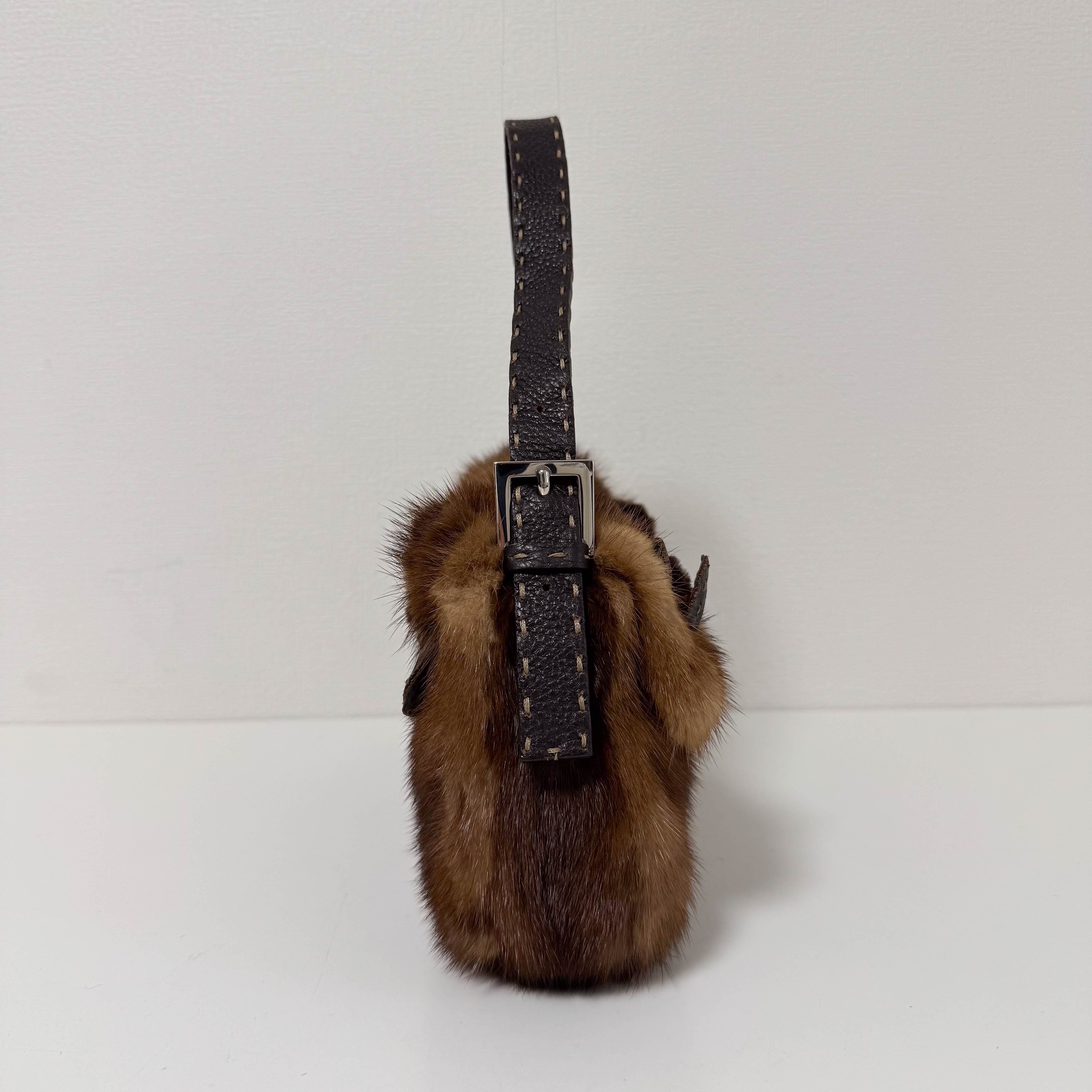 Baguette Brown Fur with Flower Selleria Shoulder Bag