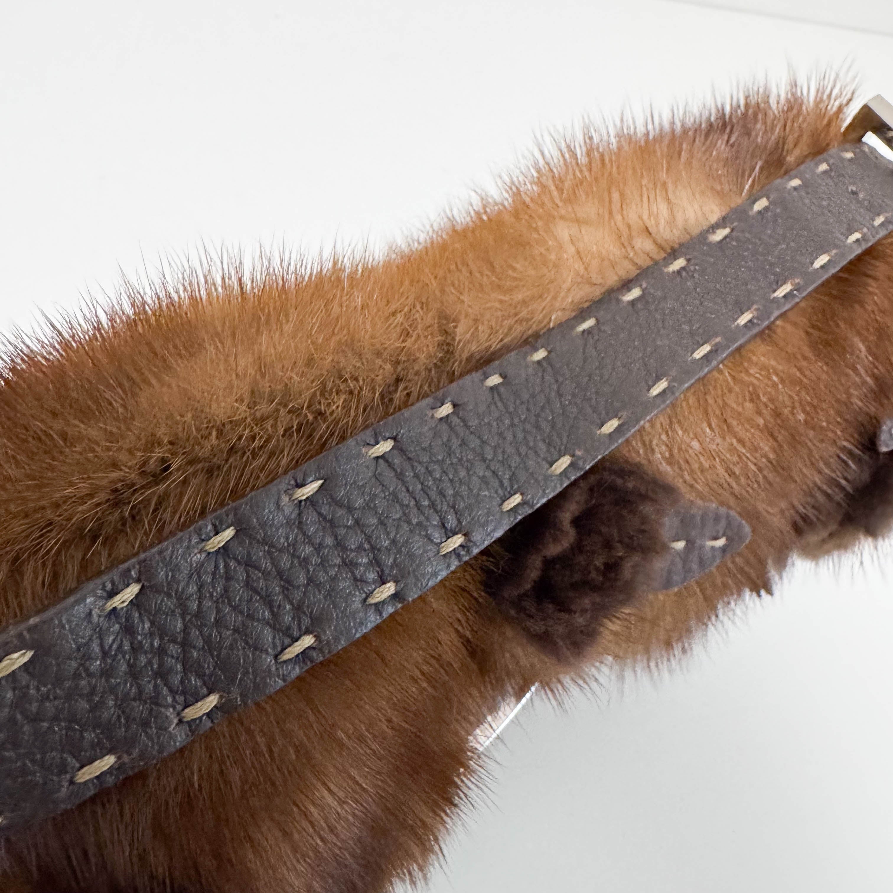 Baguette Brown Fur with Flower Selleria Shoulder Bag