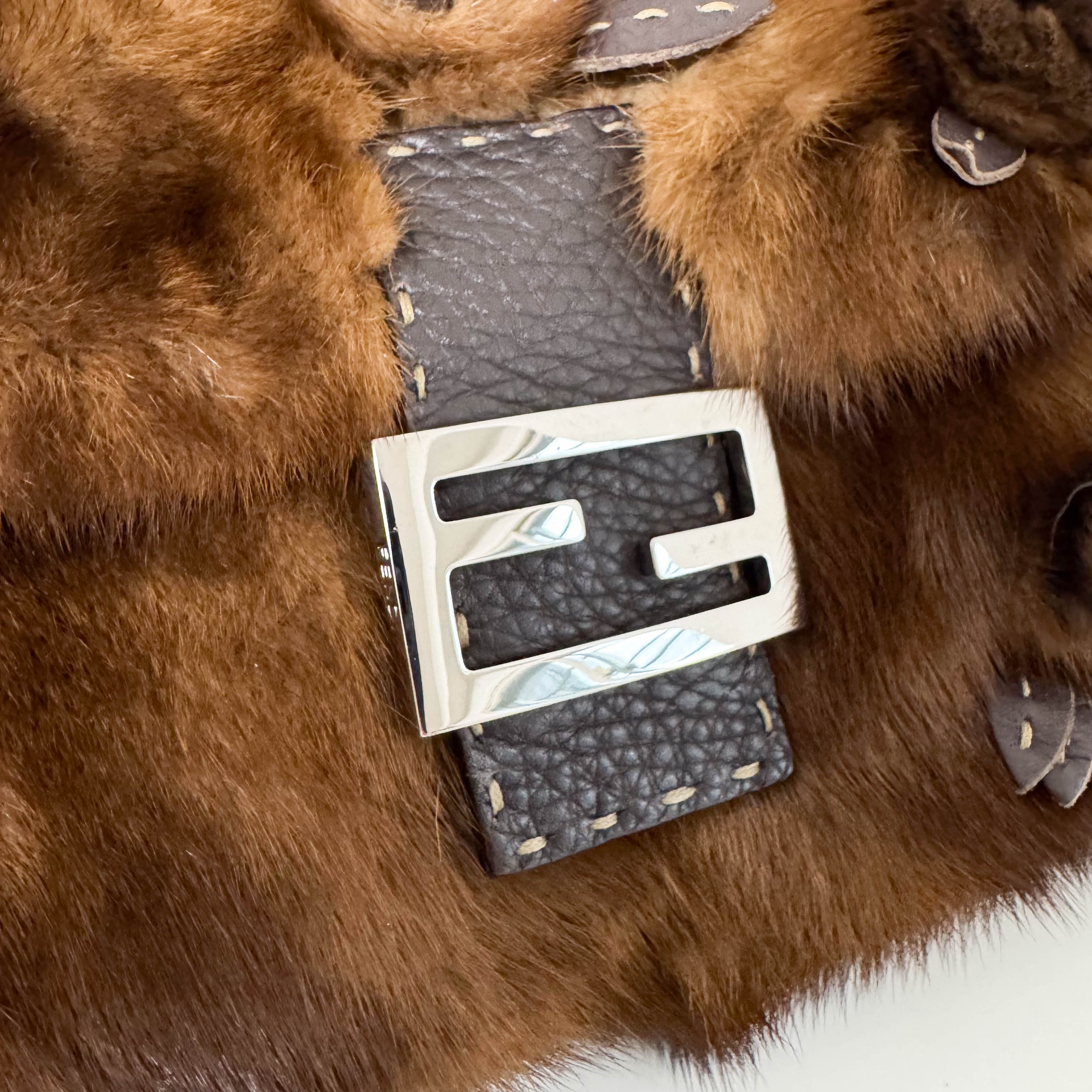 Baguette Brown Fur with Flower Selleria Shoulder Bag