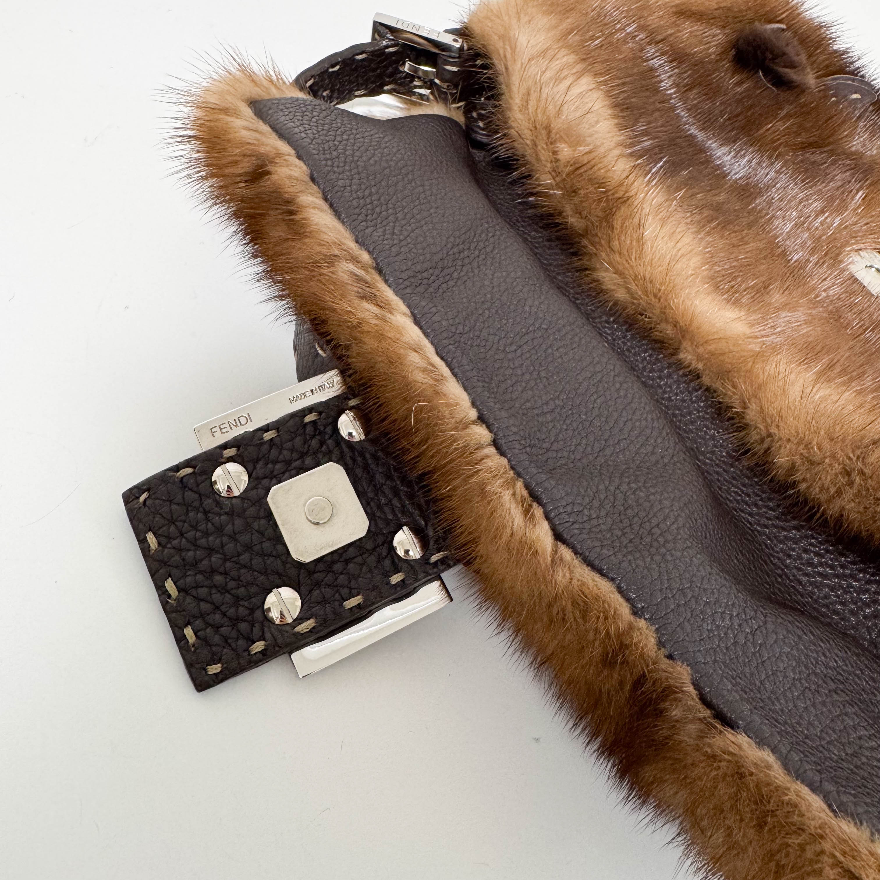 Baguette Brown Fur with Flower Selleria Shoulder Bag