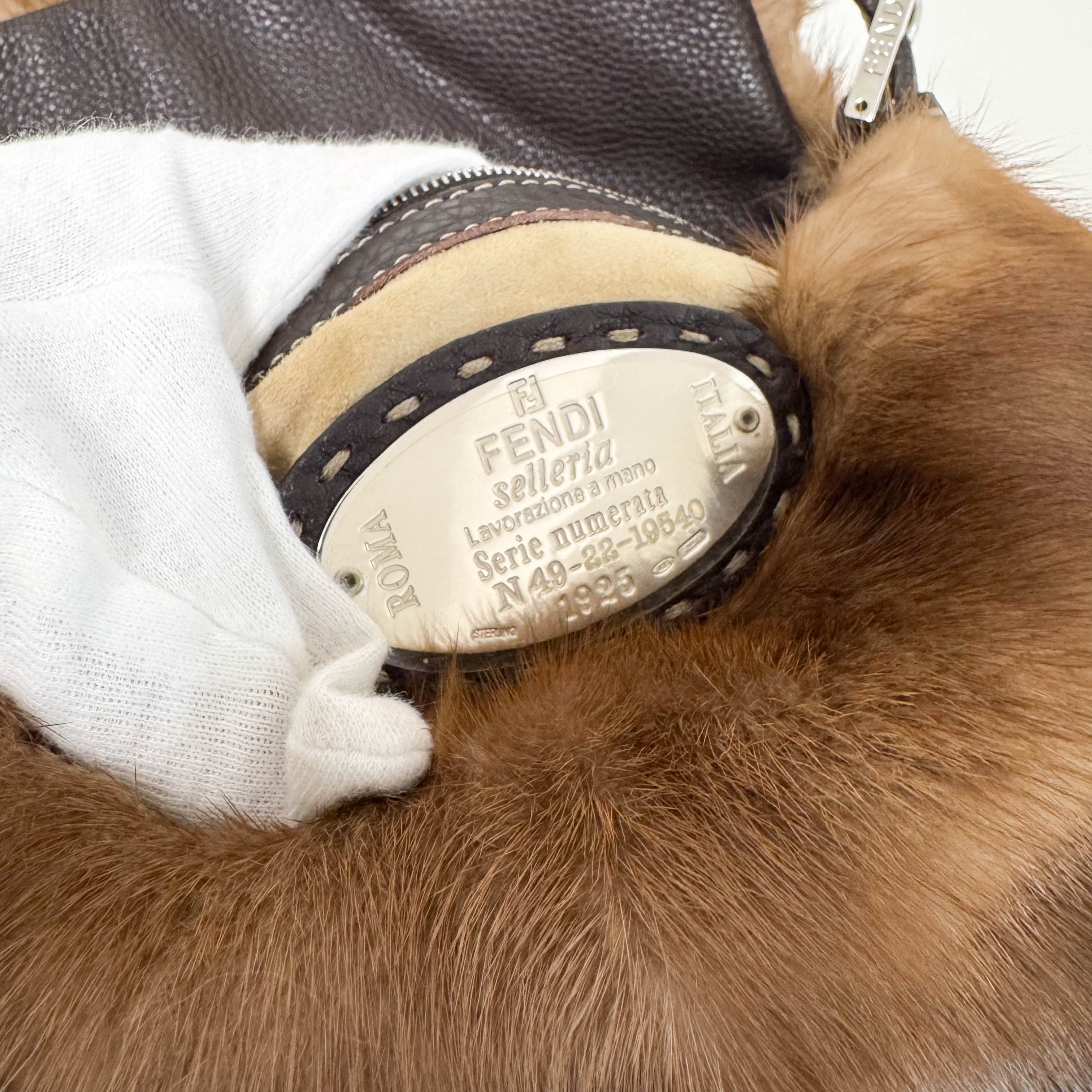 Baguette Brown Fur with Flower Selleria Shoulder Bag