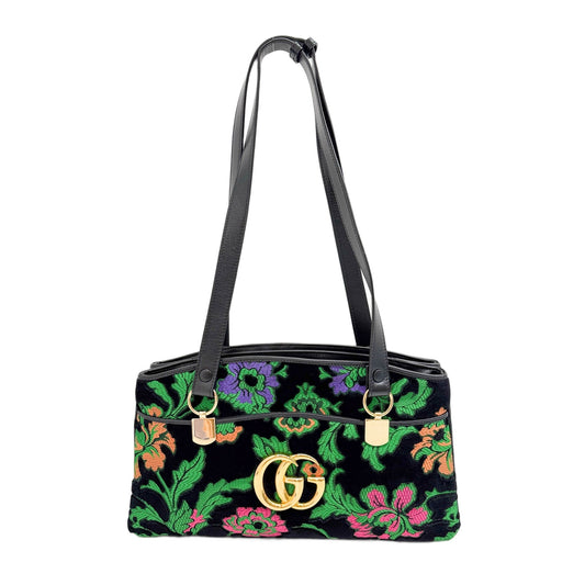 Arli Embroidered Black Floral Velvet Shoulder Bag