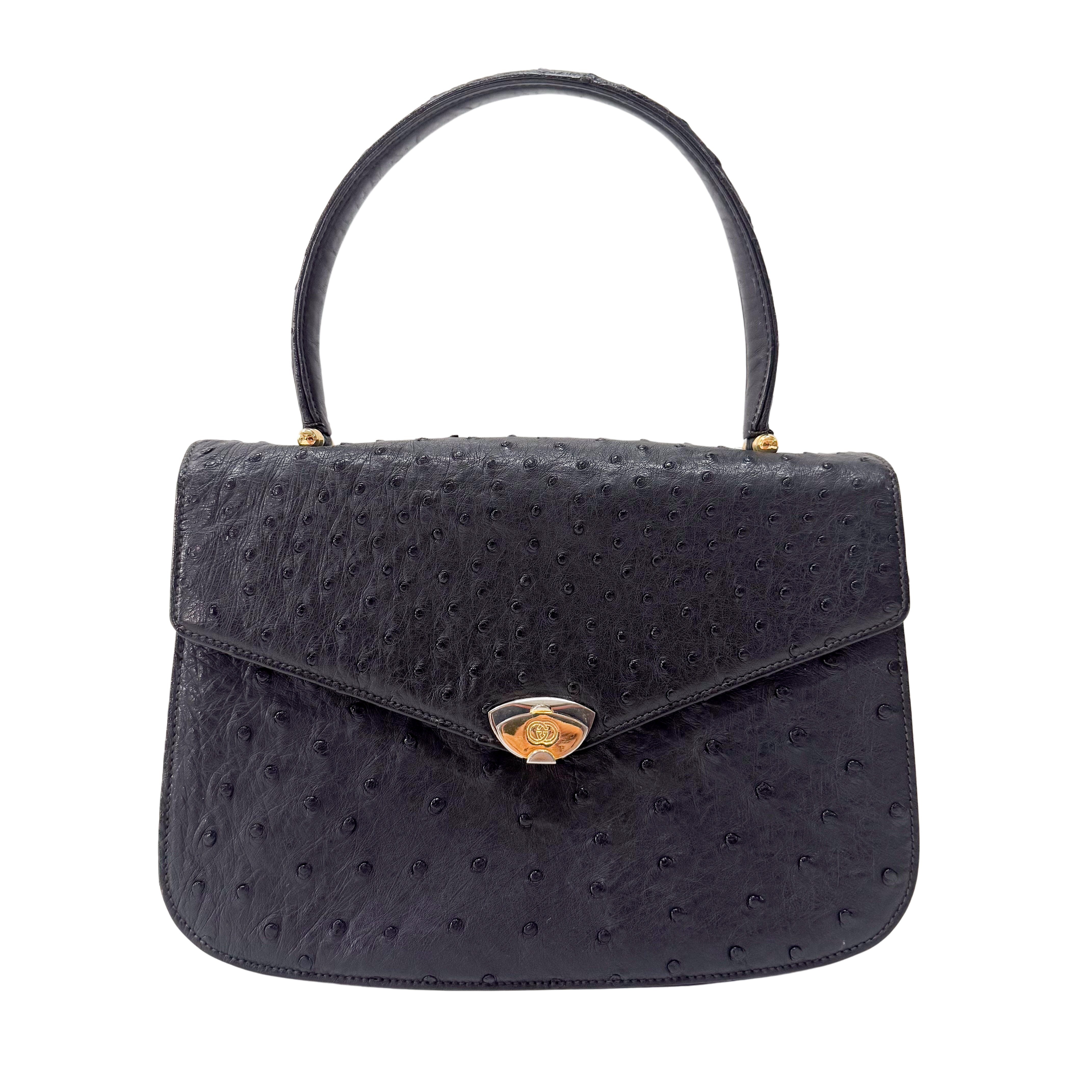 Vintage Ostrich Black Leather Handbag